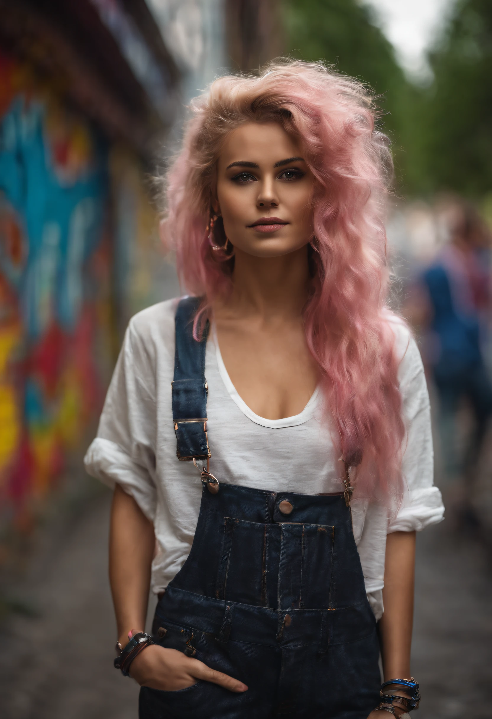sensual woman, blonde with pink locks, girl dressed street style with fashionable cologne clothes in a city alley with graffiti walls, realistic image, high quality
