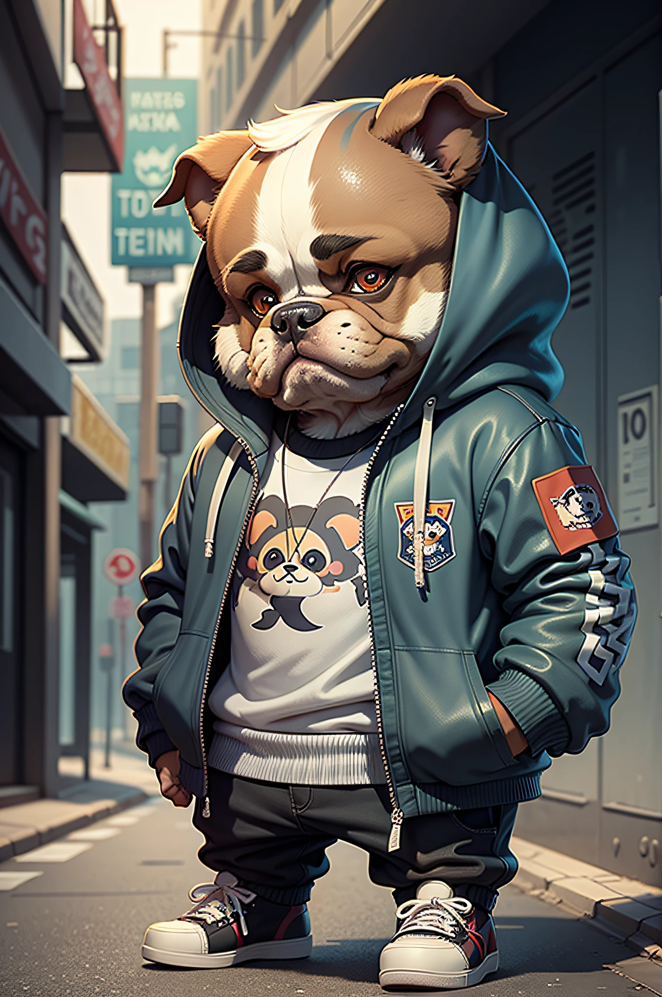 C4tt4stic, Cartoon bulldog in jacket and skateboard, Street basket