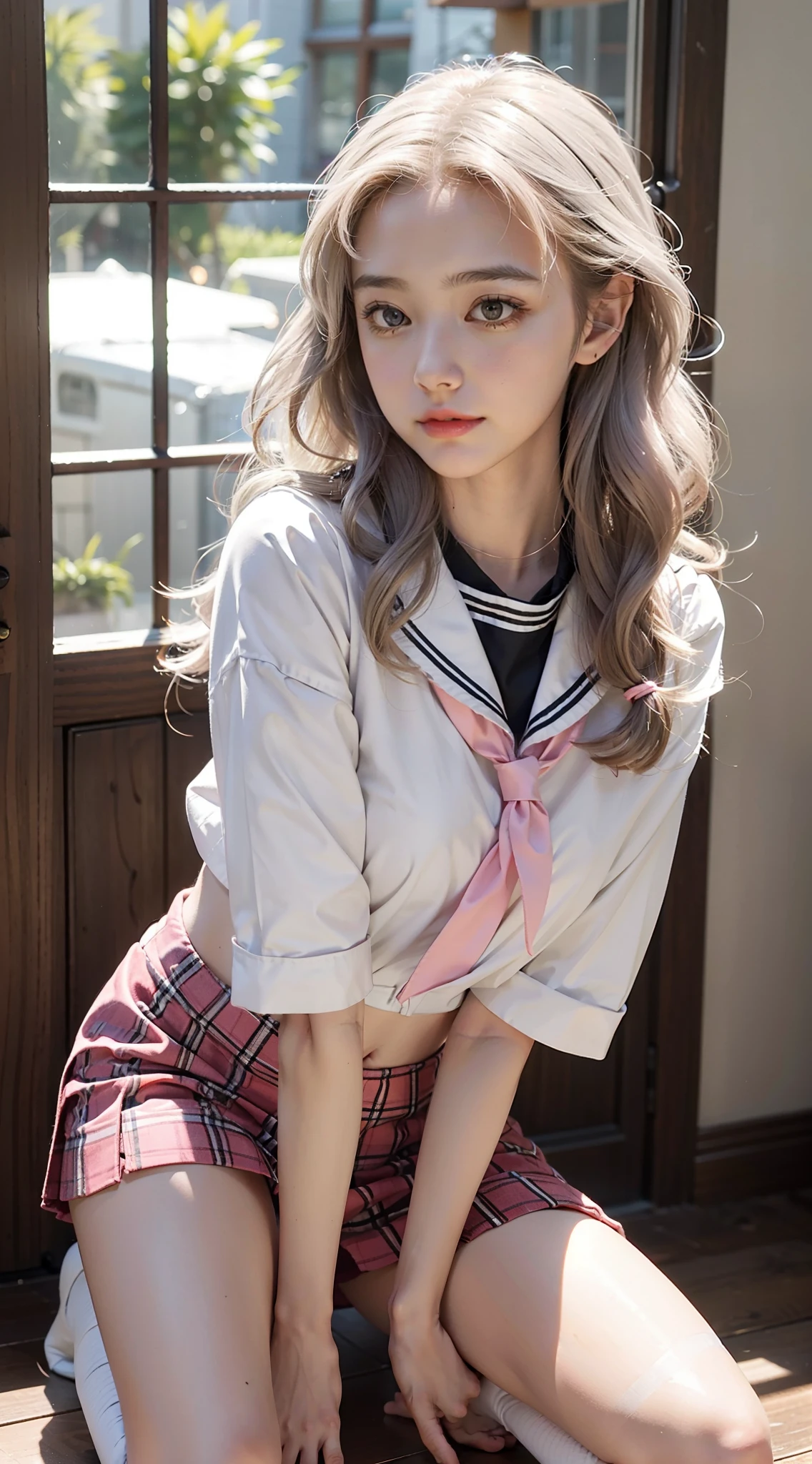 bit girl,long whitr hair,curlies,dual horsetail,ssmile,Shy,A cute look,Hand on the back,Kneeling,Pink eyes,a sailor suit,plaid skirts,Semi-realistic,Realistic art,Bedrooms,Collar,leg loops,obi strip,shairband,latex glove,full bodyesbian,looking at viewert,Over-the-knee stockings