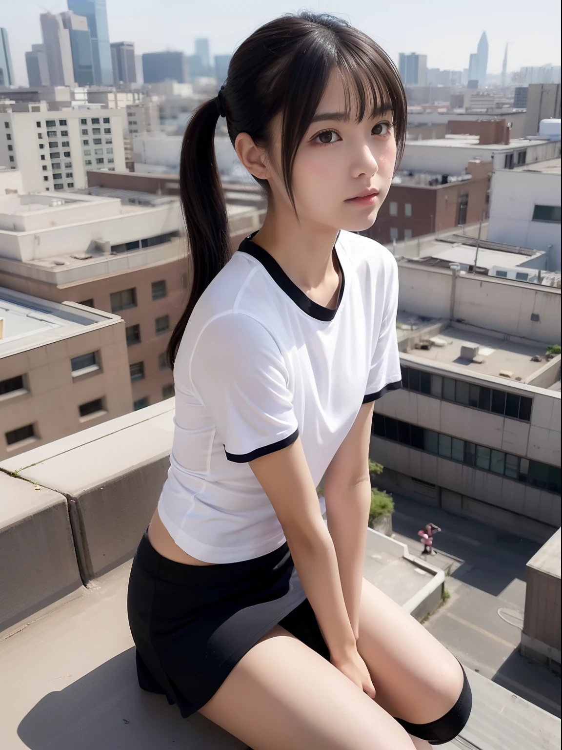 wariza,Knees,年轻,(a miniskirt),tshirts,teens girl,Delicate body,petite body,Delicate body,small tits,tiny chest,Short,A dark-haired,low twintails,On the roof of a building