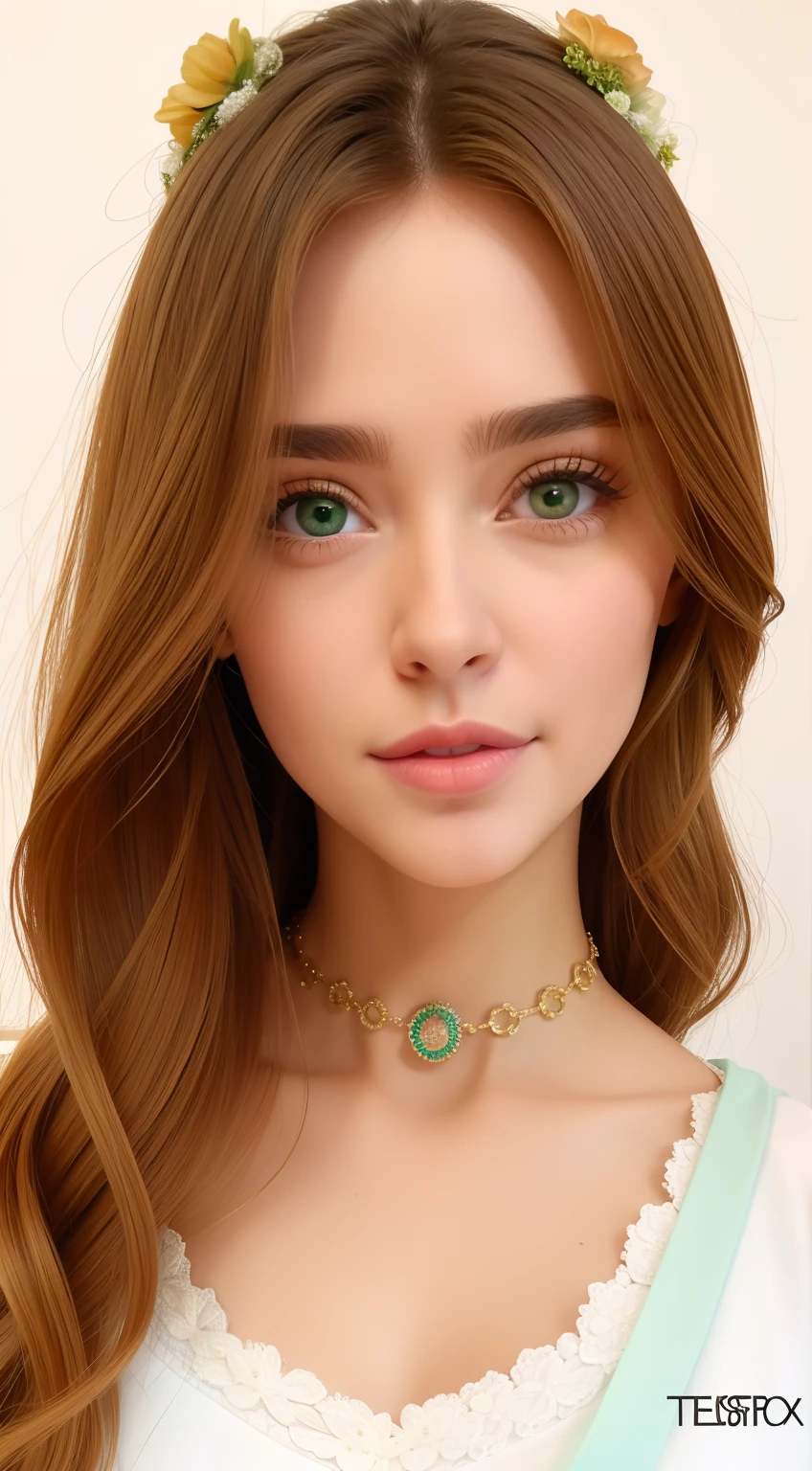 um close up de uma mulher com cabelos longos e olhos castanhos, cabelos loiros olhos castanhos, rosto bonito realista, menina sexy com olhos verdes, belo rosto realista, No estilo de arte de Bowater, retrato de alta qualidade, tom verde claro rosto bonito, rosto bonito fotorrealista, olhos verdes cara fina cara bonita, Arte digital 16K de alta qualidade
