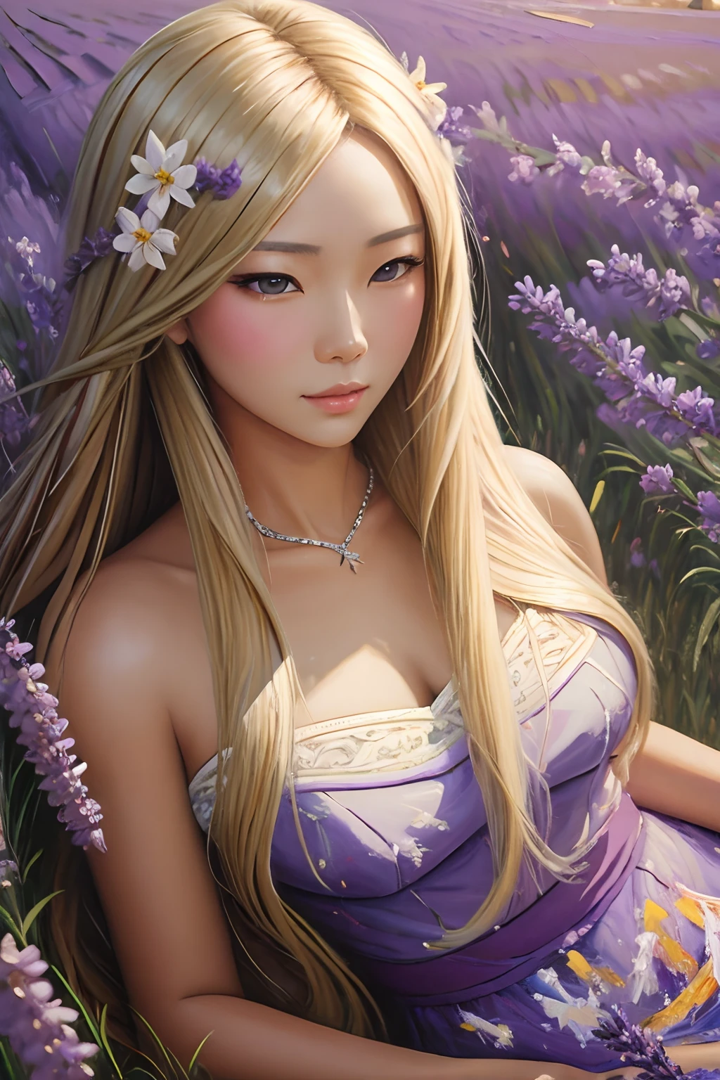 (oil painting:1.5), \\ asian woman with long blonde hair and lavenders flowers in her hair is laying down in a field of purple flowers, (amy sol:0.248), (stanley artgerm lau:0.106), (a detailed painting:0.353), (gothic art:0.106)