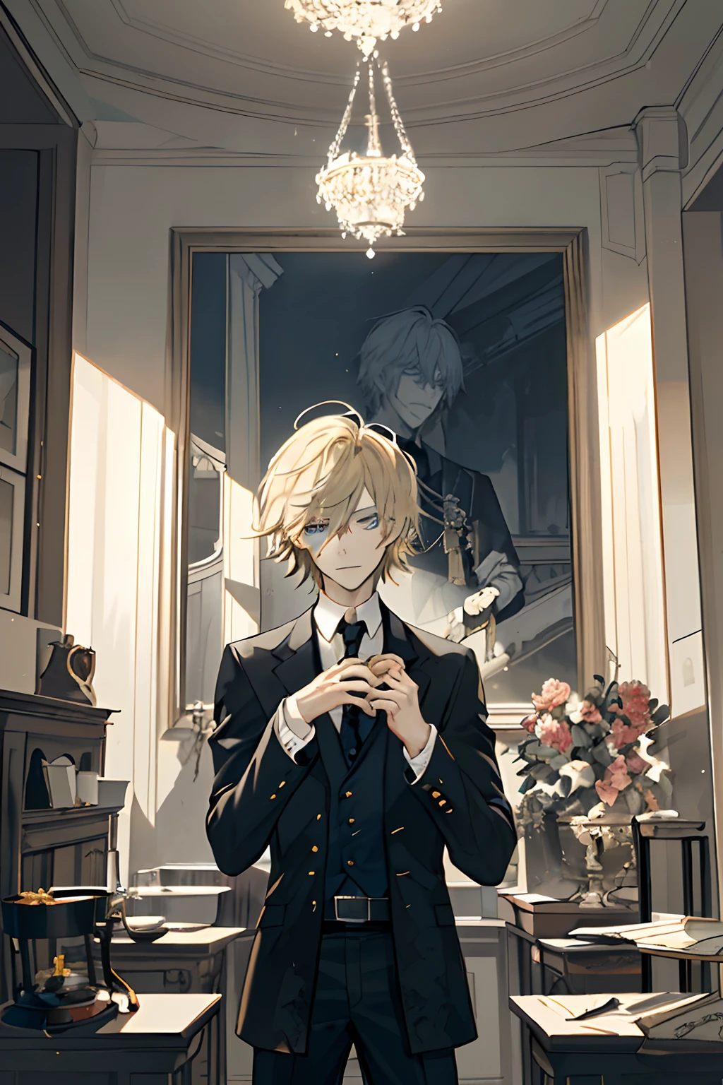 ((((Dramatic))), (((grittiness))), (((Intense))) The movie poster centers on a young writer。。。。。。。。。。。。。。(tmasterpiece:1.2),best qualtiy,(tmasterpiece:1.2),best qualtiy,realisticlying,inside in room,A boy with pale blonde hair and blue eyes,sitted,outstanding,ellegance,Quiet,adolable,Handsome,black tea,ssmile,Tea,Tea,self-assured,ellegance,Quiet,soio,florals,song,music box,Feminine