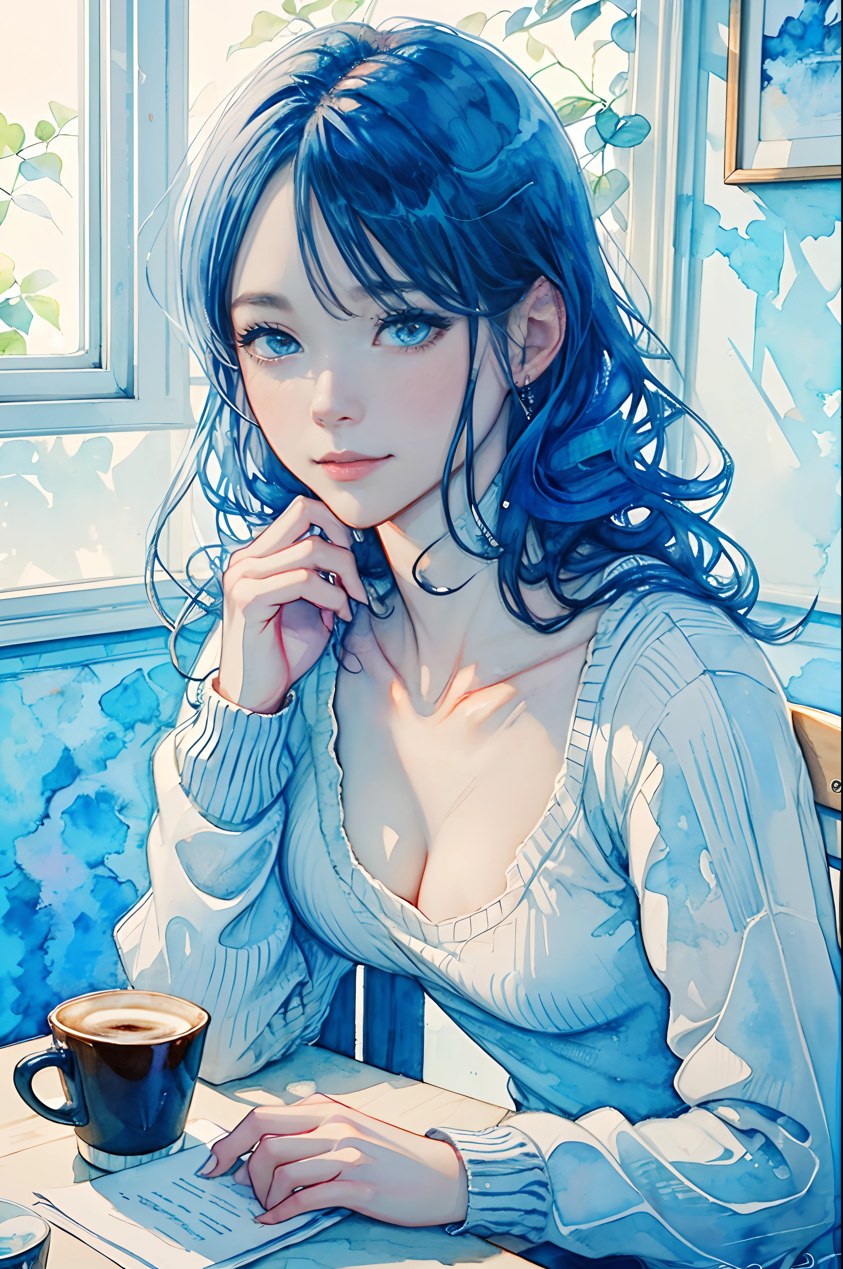 8K, masutepiece, Highest Quality, (a closeup:1.3) , 1 cute woman at 25 years old,A slight smil, A detailed eye,studying in a café, Portrait, watercolor sketch, Sunlight coming in through the window, Long wavy hair, watercolor paiting(/Medium/), watercolor paiting, Plain white camisole blouse,(Light blue sweater:1.2), Plain white tiger doll pants,cafes,
Coffee, The table, Boken,menu, Solo Focus, nffsw,watercolor paiting