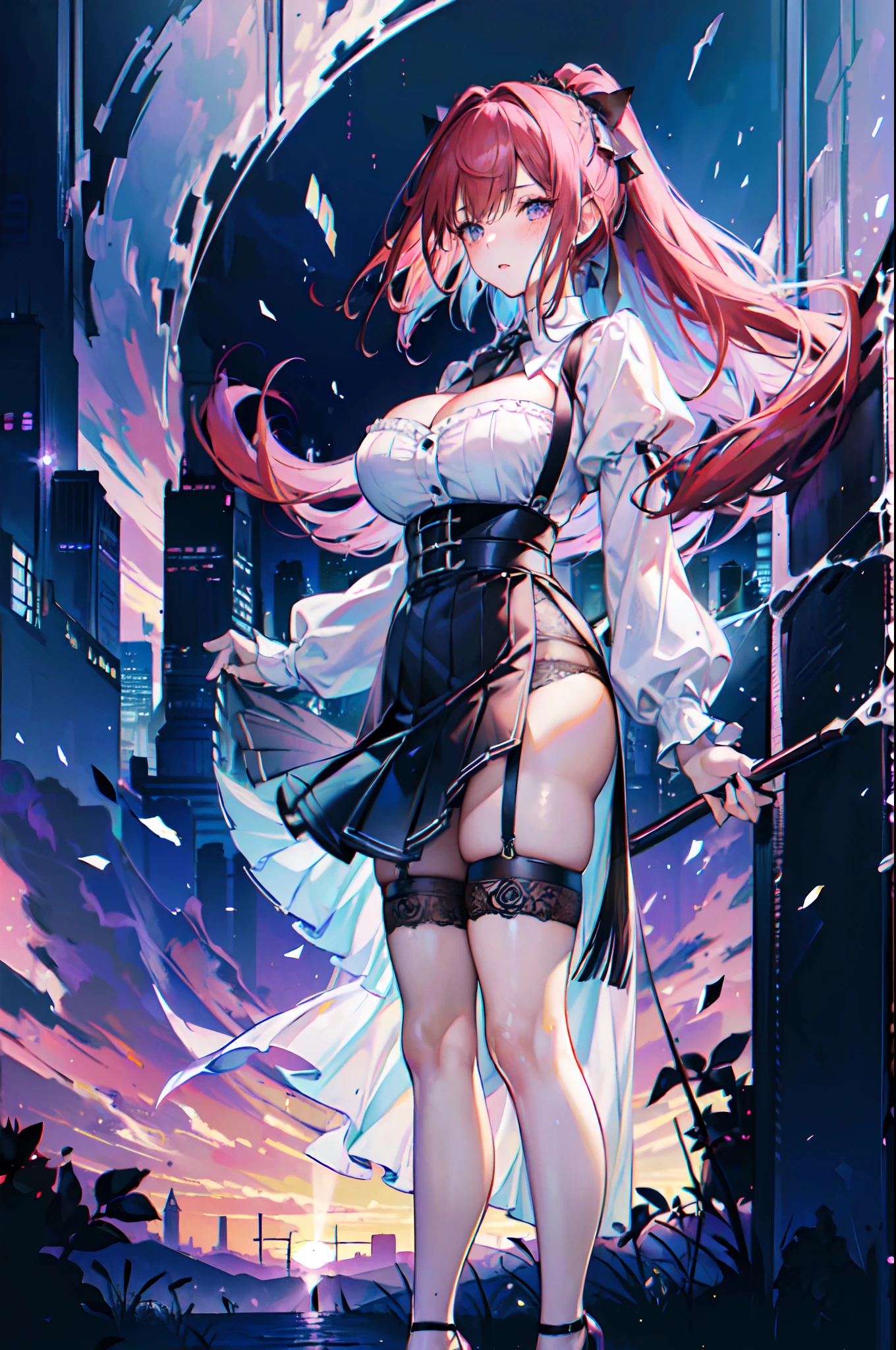 (Masterpiece, Best quality, High quality:1.4), Professional artwork, Intricate details, Field of View, Sharp focus, Detailed painting, Masterpiece, Cinematic lighting, trending on pixiv, (Vivid lighting, Vibrant colors, author：Nagasawa rose:1.05), (,A MILF:1.1), Solo, (Curvy:1.1), standing, (Full body shot:1.1),
(Red hair:1.05), Long hair, High ponytail, lipstick, Makeup, Ultra Detail Hair, Ultra Detail Face, (Purple eyes:1.05), Perfect eyes, Perfect face, (Confused, Blush:1.2), (black thighhigns, a garter belt:1.1), Pleated skirt, White shirt, high-heels,
(Large breasts:1.1), cleavage, Big ass, Thighs,