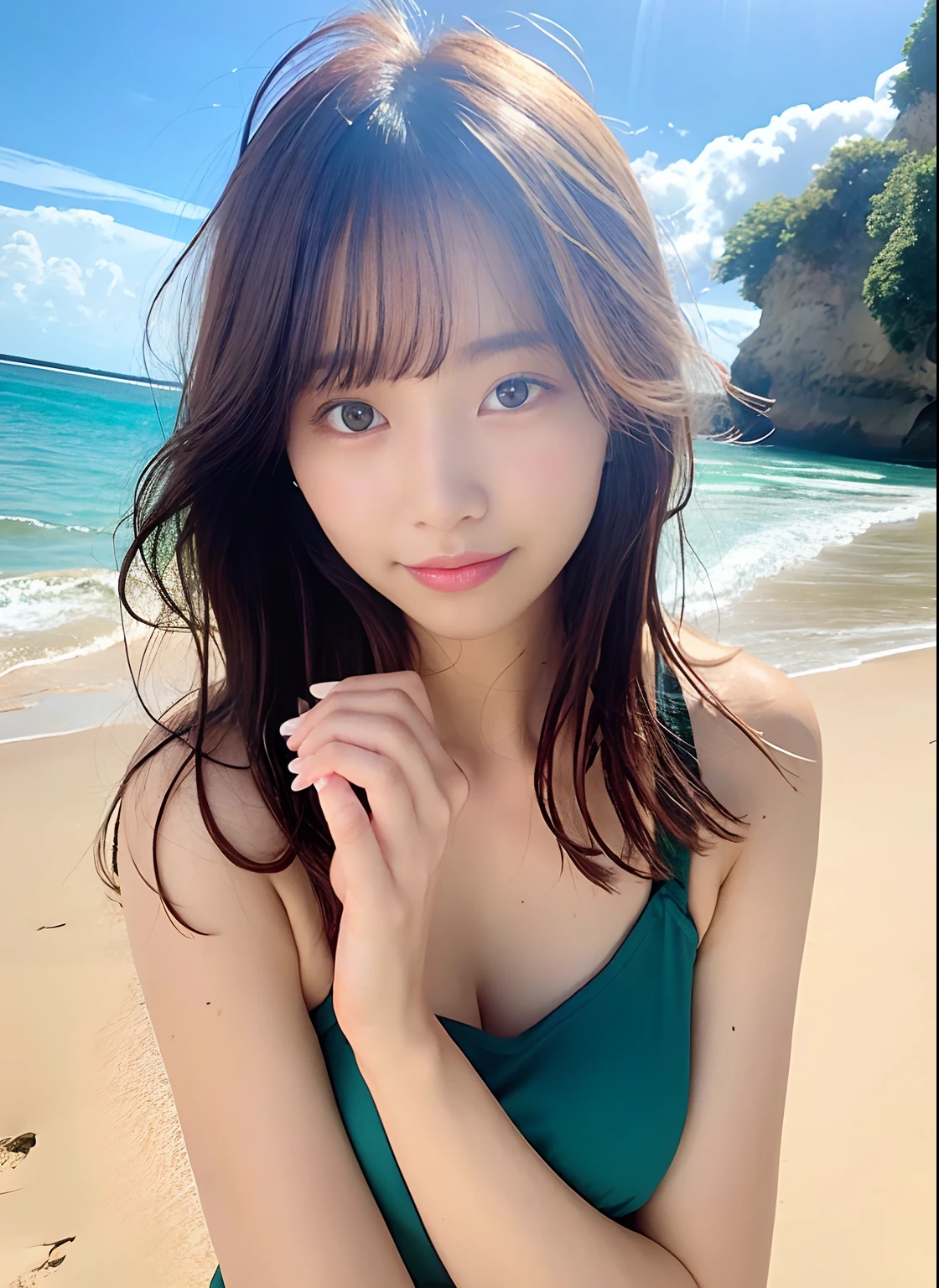 Stylish bikinis、Large Breasts,Black brown hair、23-year-old gravure idol、Shiny oily skin、Shiny skin、Summer Sea、Beautiful sandy beach、Natural Light、 look、Sexy pose、Smile、A small mole1t、Random Face, model pose,