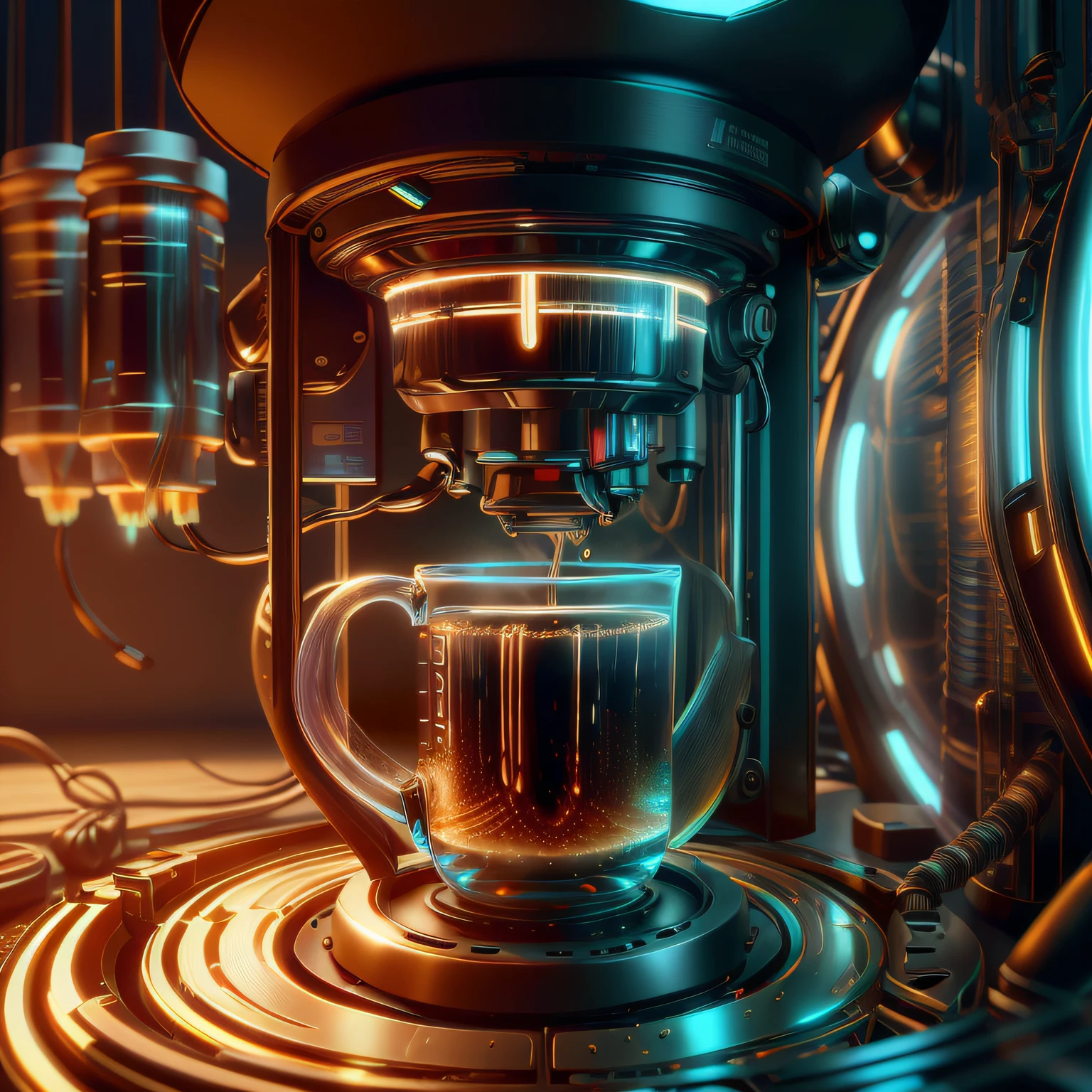 opticaltech ,scifi, optical fibers,inner glow , 
coffee machine , mug,