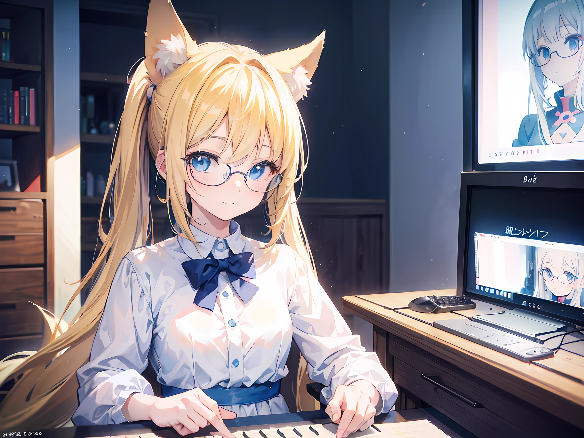 1anime girl, blue eyes, blonde sided pony tail hair, dog ears and tail, wearing round glasses, wearing white dress, inside the house, playing a piano, smile, looking at viewer, anime style. 8k, high res, ultrasharp, masterpiece, render of april, stylized anime, lofi portrait, lofi artstyle, anime vibes, kawaii realistic portrait, lofi girl, anime stylized, render of a cute 3d anime girl, anime styled 3d, anime highly detailed, realistic anime 3 d style, with bloom ethereal effect