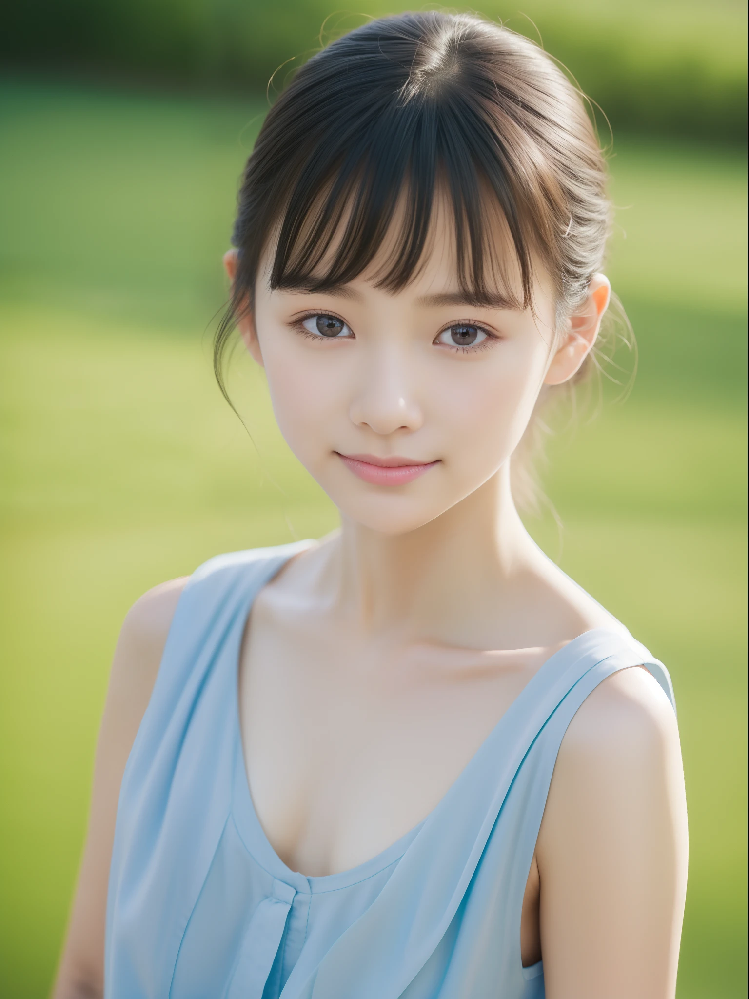 Neat and clean elementary school girl, petite person, (slim, Small, Flat, Small), Short black hair, Photorealistic, detail, Detailed skin texture, Ultra Detail, delicate sexy collarbone, Smile, Super Detailed Face, Detailed lips, Detailed eyes, (10years old girl)、Delicate eyebrows、short neck、Little baby face、Professional Photography、(watching at viewers)、silk dresses、natural soft light、f lare