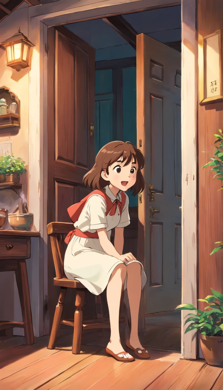 Not to old man and woman shout ,brown hair,sit ting in the dining table,a girl rushes to the door,brown hair also.