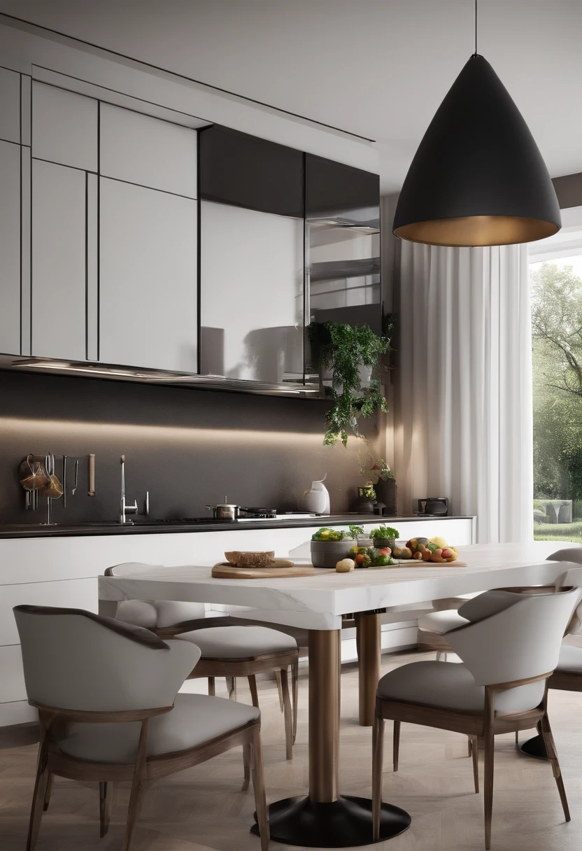 There is a kitchen with a table, cadeiras, stove, refrigerator and white furniture made rises measure in it, sophisticated and luxurious decoration ultra realistic and modern create 10 images