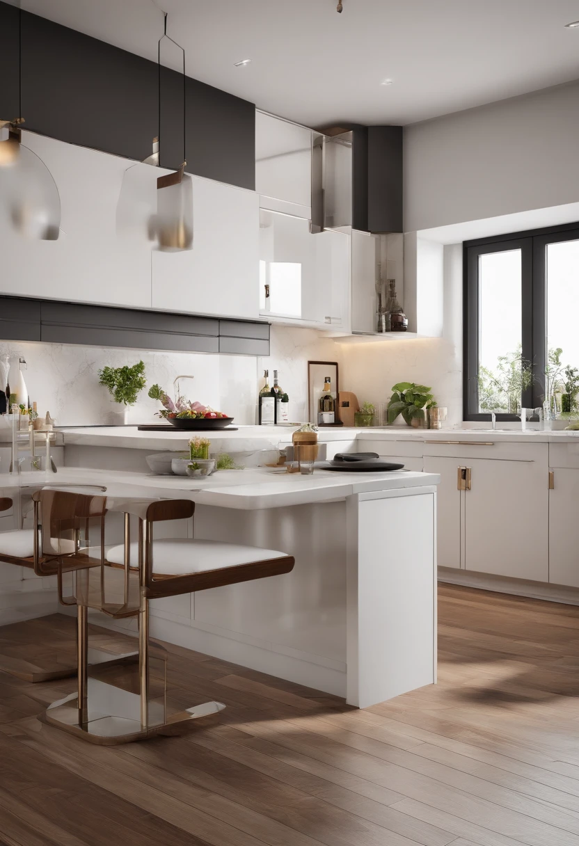 There is a kitchen with a table, cadeiras, stove, refrigerator and white furniture made rises measure in it, sophisticated and luxurious decoration ultra realistic and modern create 10 images