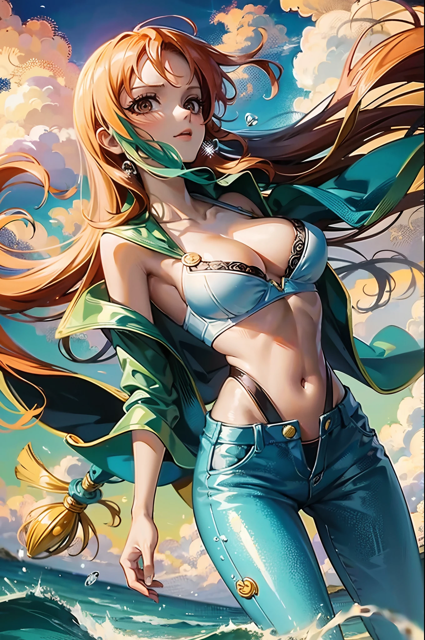 nami from one piece, long curly hair, wearing her original pants and bra outfit, sea and clouds, high res, ultrasharp, 8k, masterpiece, looking at viewer