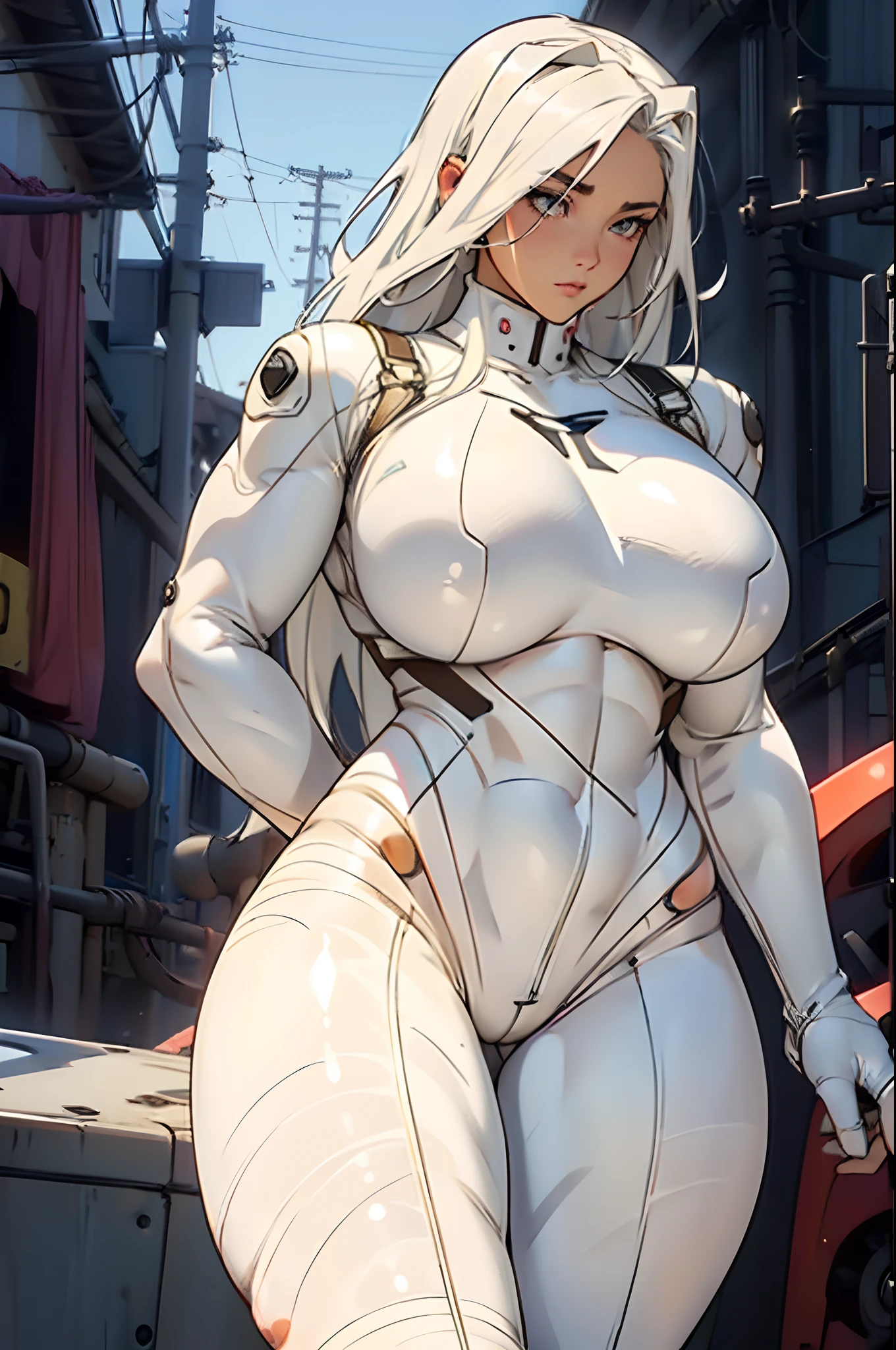 1girl, extremely, long hair, solo, white hair, (((((bodysuit))))), (((((huge breasts))))), (((((thick thighs))))), (((((muscular))))),