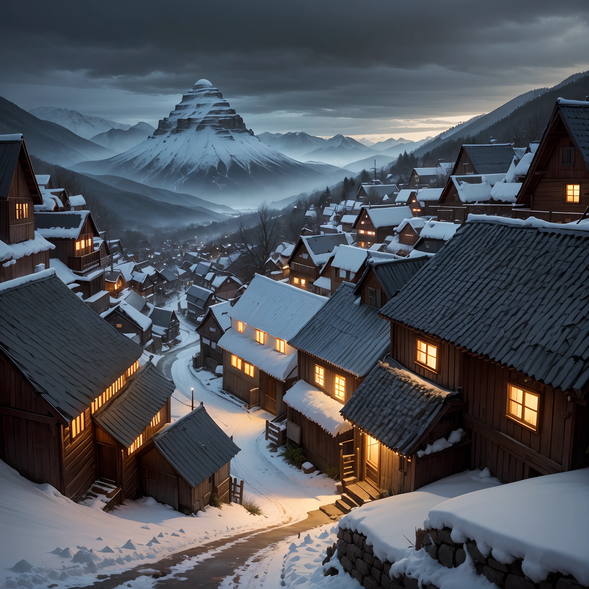 Poor small mountain village streets, villagers, old houses, very detailed, night, gloomy, terrifying, overlooking