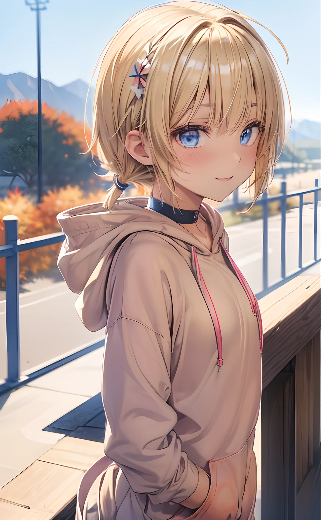 best quality, masterpiece, small breasts, smile, sweatshirt, leggings, outdoors, alone, anime style, grass field, daytime, blue sky, blue eyes, detailed eyes, medium hair, blonde hair, loose hair, bangs, lying down, ass,