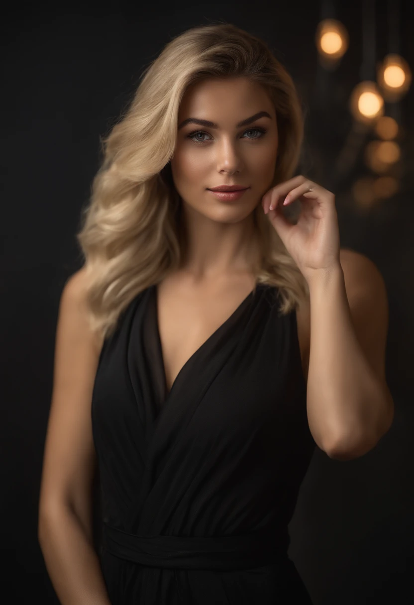 professional, (4k photo:1.1) by (Jeremy Lipking:0.3), (Dittmann Anna:0.3), (Arian Mark:0.3), (Sharp focus:1.3), high detail, wearing (tight shirt:1.2), beautiful detailed face, hazel eyes, long blonde hair, (attractive young woman:1.3), (seductive:1.1), (blushing:1.1), hourglass body shape, big round breasts, wide hips, posing in the club in a black sexy dress