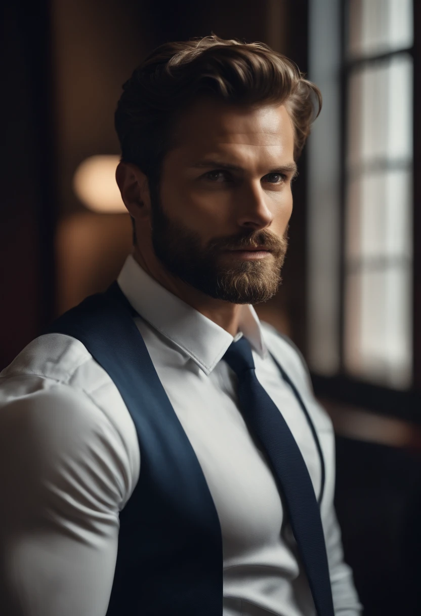 (Hombre con ropa elegante), ), (con una barba larga y llena,) (ojos azules) (retrato) Aspecto atractivo y serio, Brown Dark Hair, Elegante y elegante, y camiseta de cuerpo fuerte, Hombre parecido al actor Jamie Dornan, (Imagen realista y de alta calidad), in the background Scandinavian apartment with designer furniture and blue wall color in the background, ((La mejor calidad, 8k, Pieza maestra).