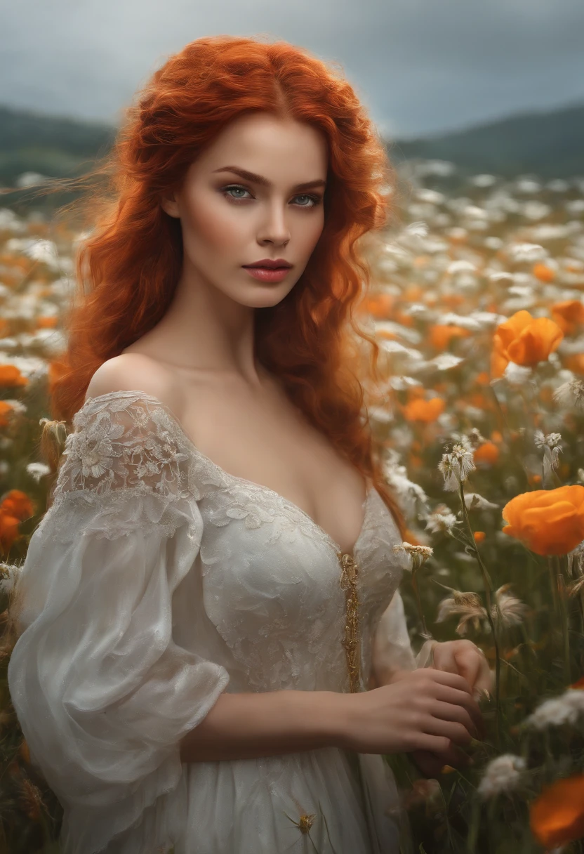 There is a woman standing in a field of flowers in the rain, uma deusa em um campo de flores, karol bak uhd, menina nas flores, Retrato da tempestade da flor, Frontal da menina em um campo da flor, Arte bonita UHD 4K, menina em um campo de flores, em um campo de flores, mulher nas flores, Arte digital altamente detalhada em 4k, red hair, beautiful red hair,