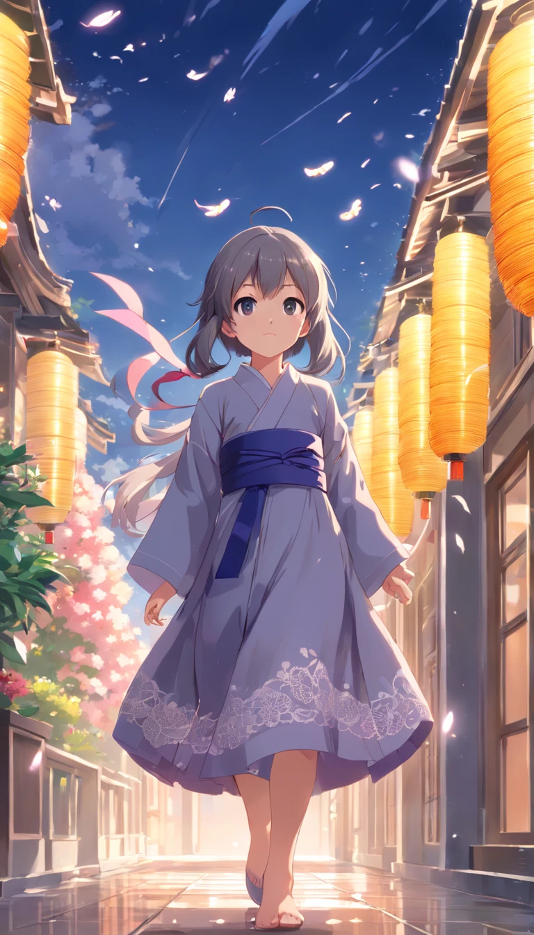 (Little Girl:1.5),Lace,bow ribbon,Hanfu,(masutepiece, side lights, Beautiful gray eyes,Every detail is meticulous: 1.2), masutepiece, Realistic, Glowing eyes,Shiny hair,Black hair,Long whit hair, Glossy glossy skin, Solo, embarrassed from,No shoulder strap,Exquisite,prettify,Sonoko,Flowers,flying petal,