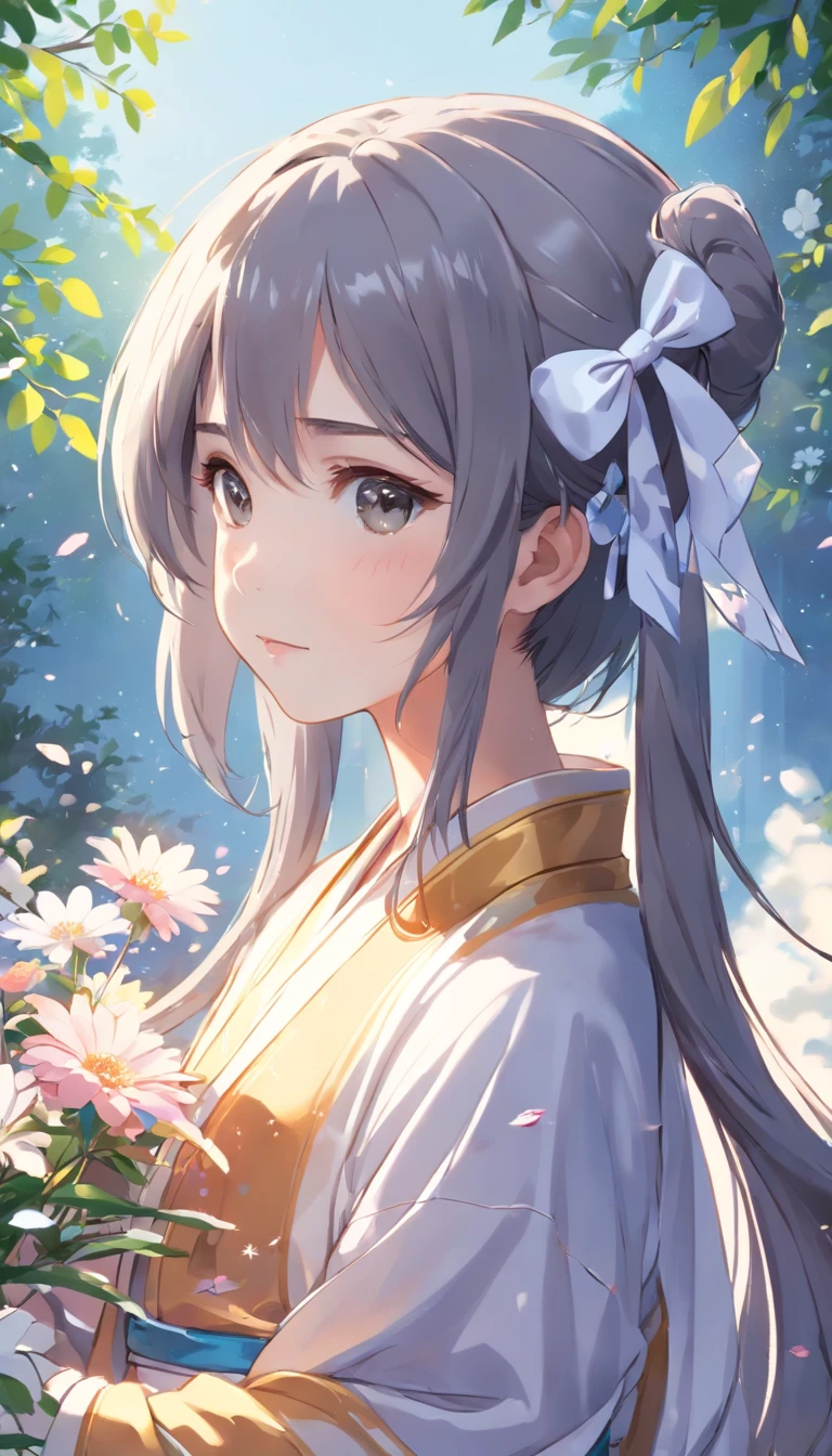 ( Girl:1.5),Lace,bow ribbon,Hanfu,(masutepiece, side lights, Beautiful gray eyes,Every detail is meticulous: 1.2), masutepiece, Realistic, Glowing eyes,Shiny hair,Black hair,Long whit hair, Glossy glossy skin, Solo, embarrassed from,No shoulder strap,Exquisite,prettify,Sonoko,Flowers,flying petal,