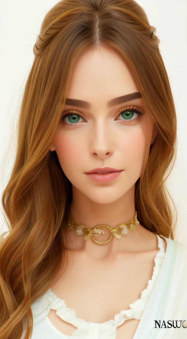 um close up de uma mulher com cabelos longos e olhos verdes, cabelos loiros olhos verdes, rosto bonito realista, com olhos verdes, belo rosto realista, No estilo de arte de Bowater, retrato de alta qualidade, tom verde claro rosto bonito, rosto bonito fotorrealista, olhos verdes cara fina cara bonita, Arte digital 16K de alta qualidade