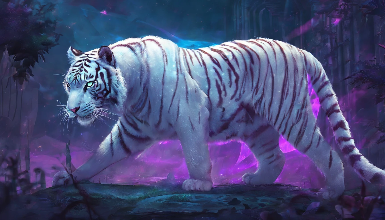 Fantasy World White Tiger,Emits blue-violet light,Glow effects,the night,中景 the scene is,Full body like, highly detailed surreal vfx,oc rendered,Shoot with 70 mm - AR