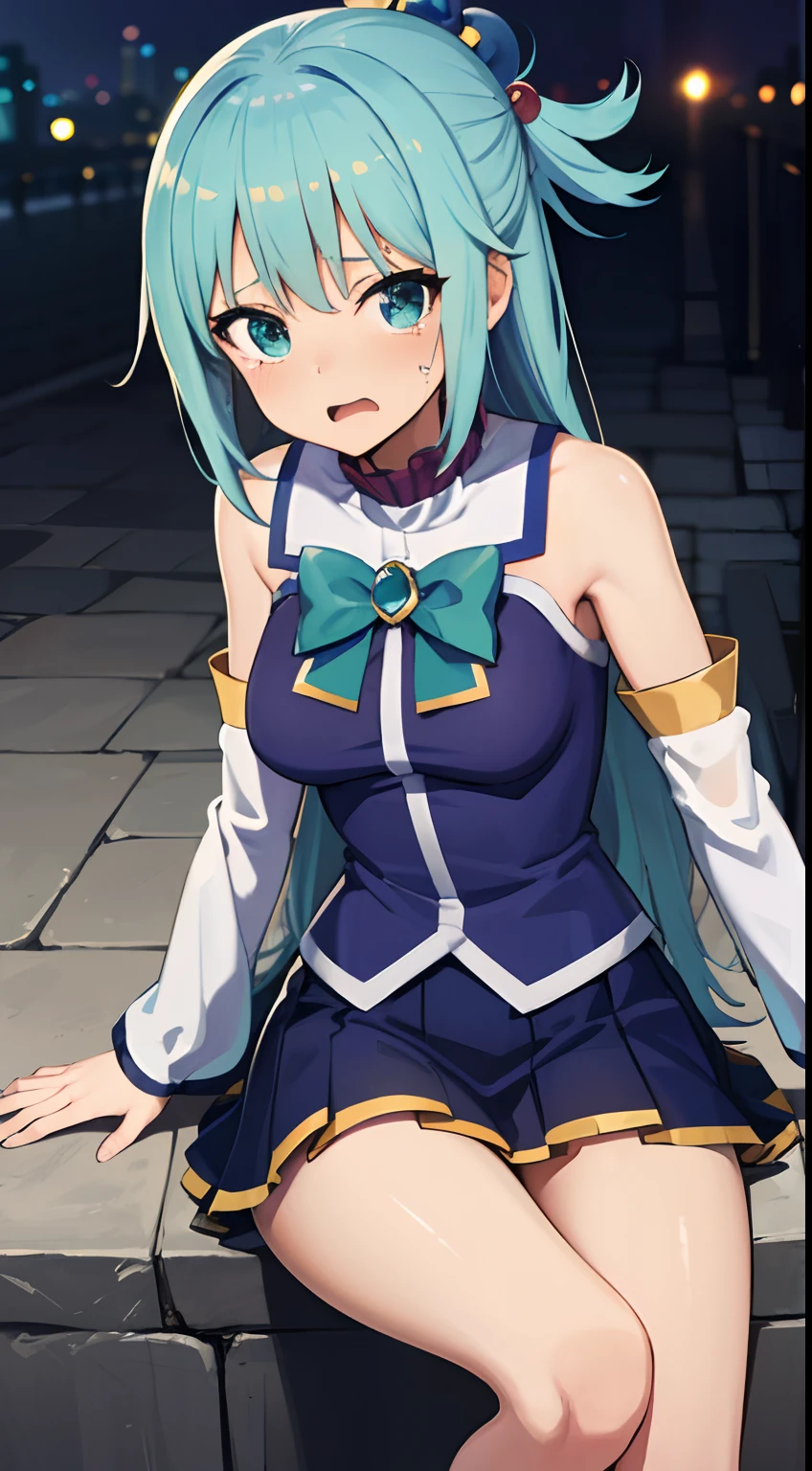 (masutepiece, Best Quality:1.2), Solo, 1girl in, , Looking at Viewer,hair rings, Blue shirt, Bow, Detached sleeves, Skirt, thighs thighs thighs thighs, Bare shoulders,aqua, aqua eyes, aqua hair, hair bobbles, Hair Ornament, hair rings, Long hair,Crying face