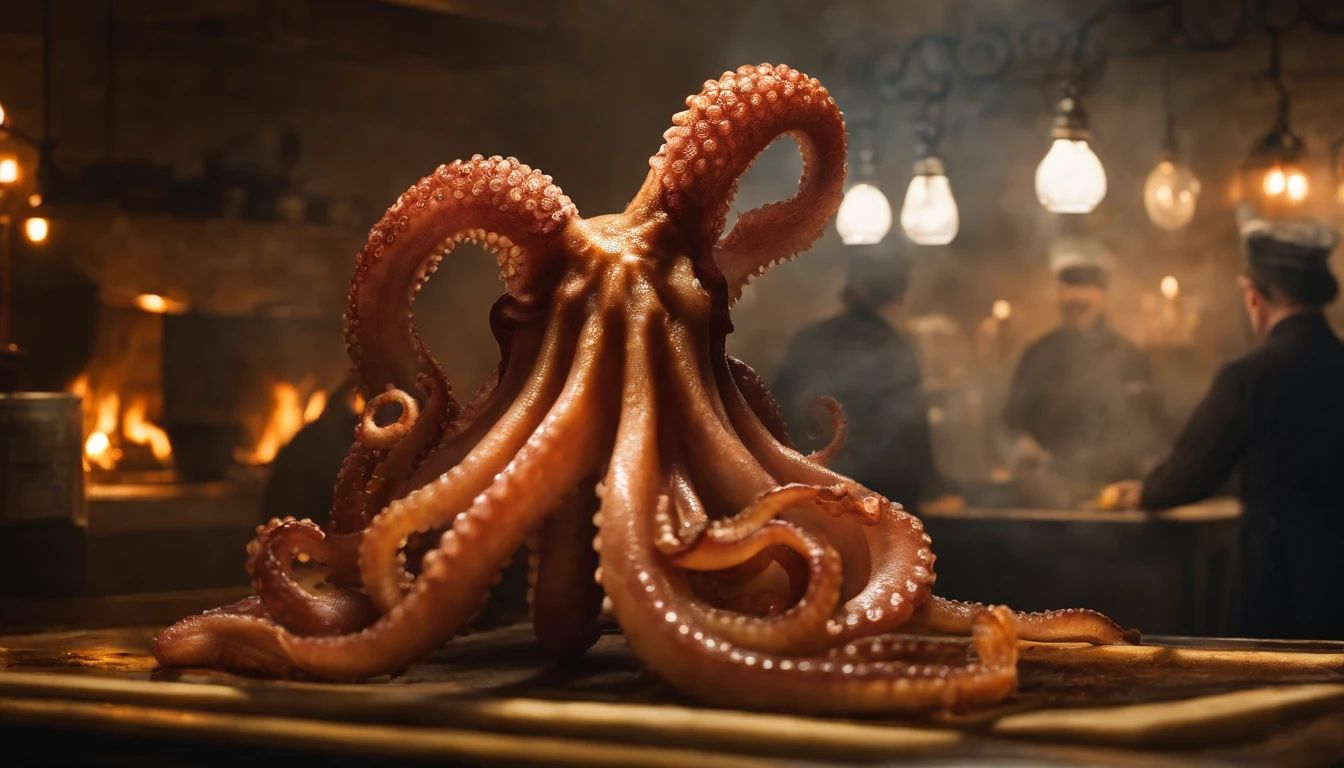 A humanoid octopus chef at a barbecue restaurant，photorealestic，Rembrandt light
