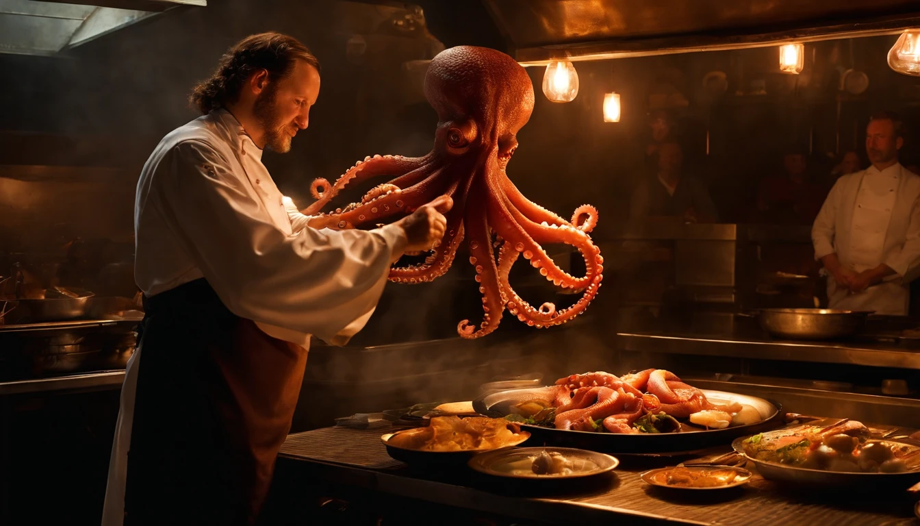 A humanoid octopus chef at a barbecue restaurant,photorealestic,Rembrandt light