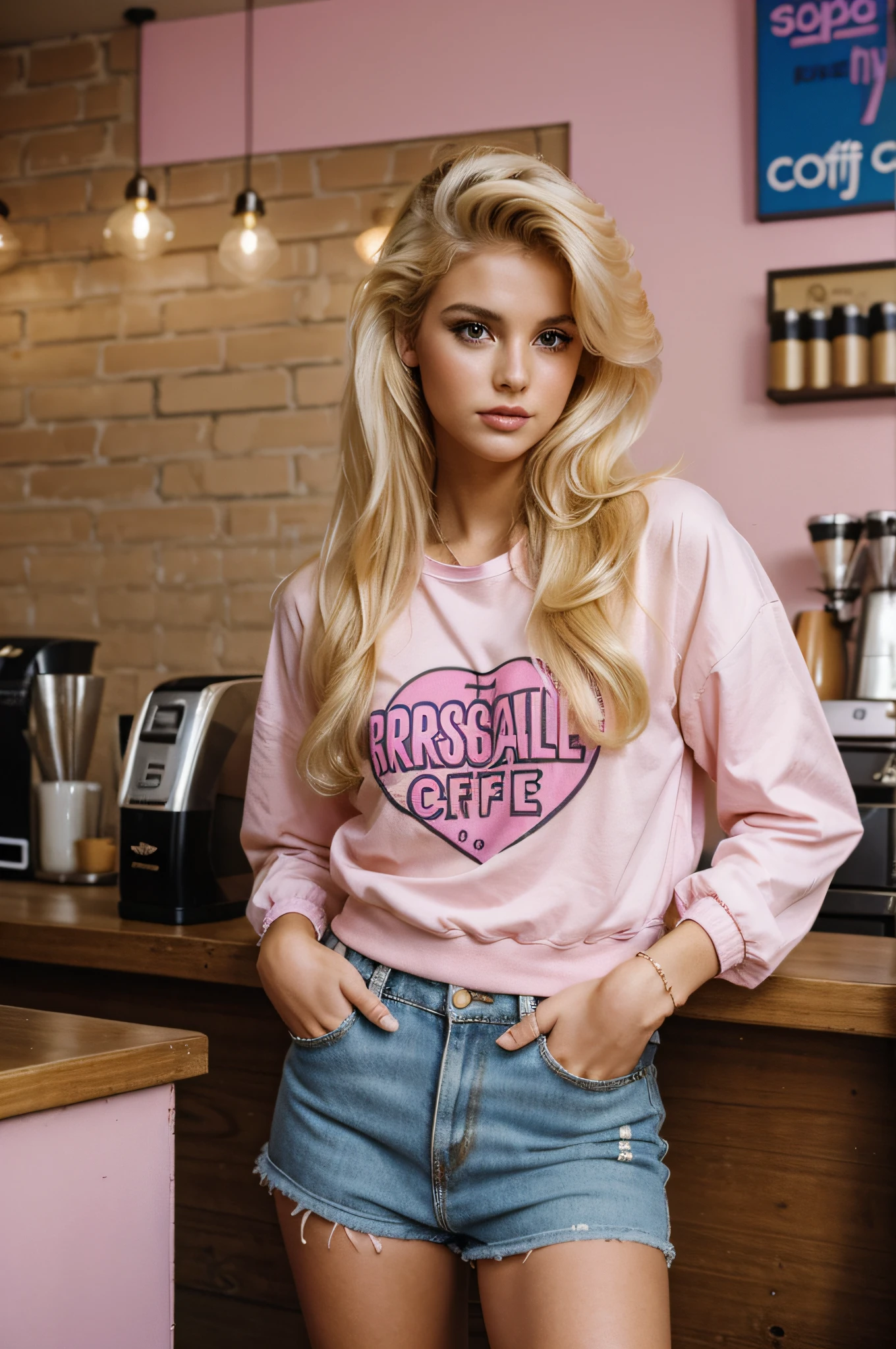 sensual, blonde woman with 80s style hair, girl dressed street style with 80s clothes in an 80s coffee shop, realistic image, high qualitysensual, blonde woman with 80s style hair, girl dressed street style with 80s clothes in an 80s coffee shop, realistic image, high quality