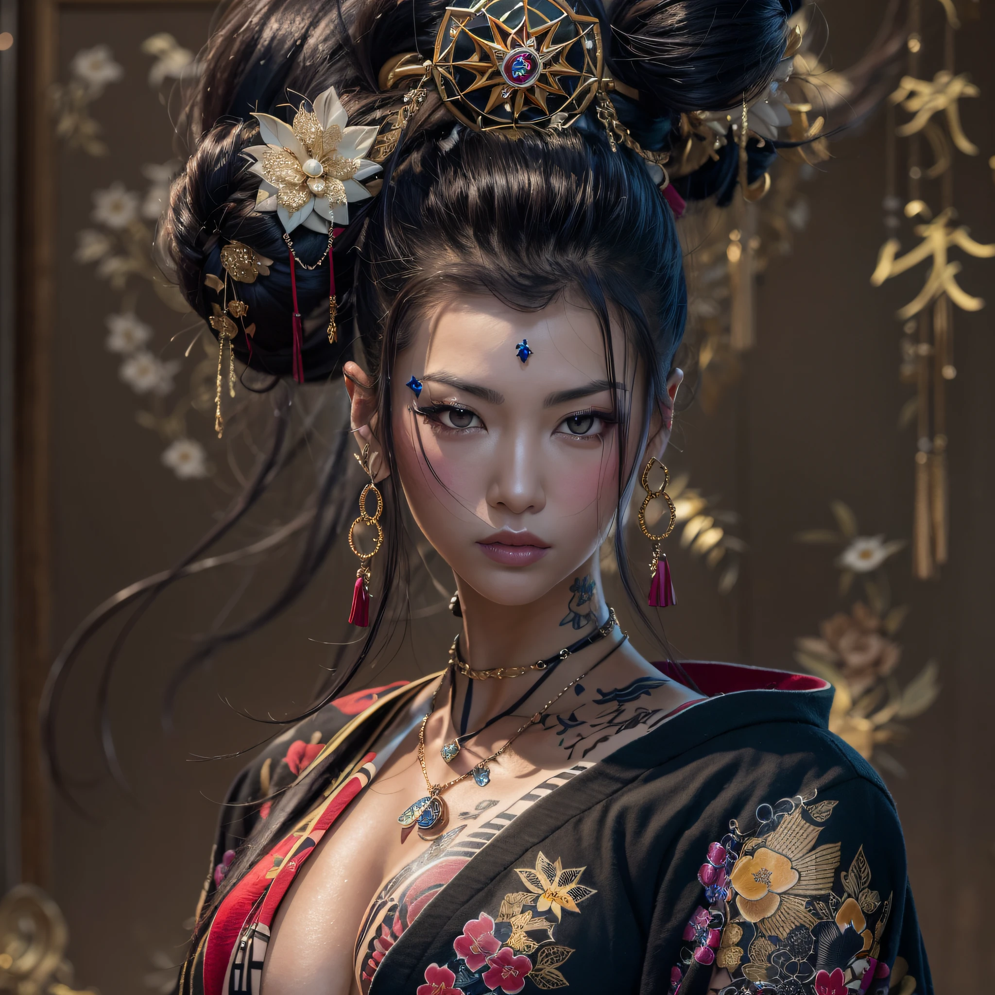 Masterpiece, high resolution，best quality，high definition, perfect composition, perfect face, perfect body, 8K，Cinematic lighting，Black kimono，Off-Shoulder，large breasts，navel，collarbones，(Full body tattoo)，Tattoo Huanglong，(Hairstyle is Yokohyōgo)，Numerous glittering cages，Image of Oiran，Yakuza Wife，glareing，Black Haired Woman，Lustrous hair，freak show，1人，Where you can see the skin, there is a tattoo，