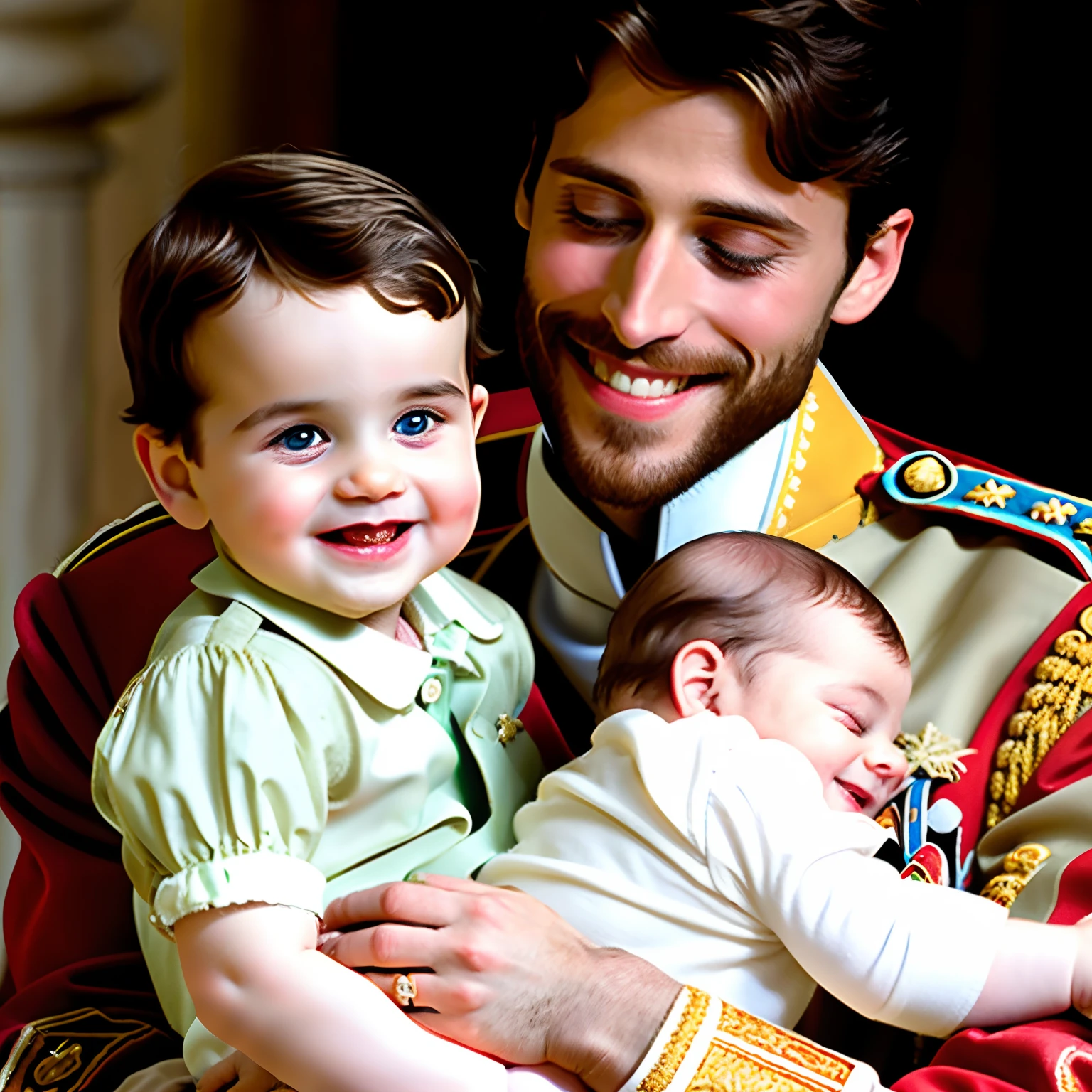 Handsome king smiling at the infant prince in his arms