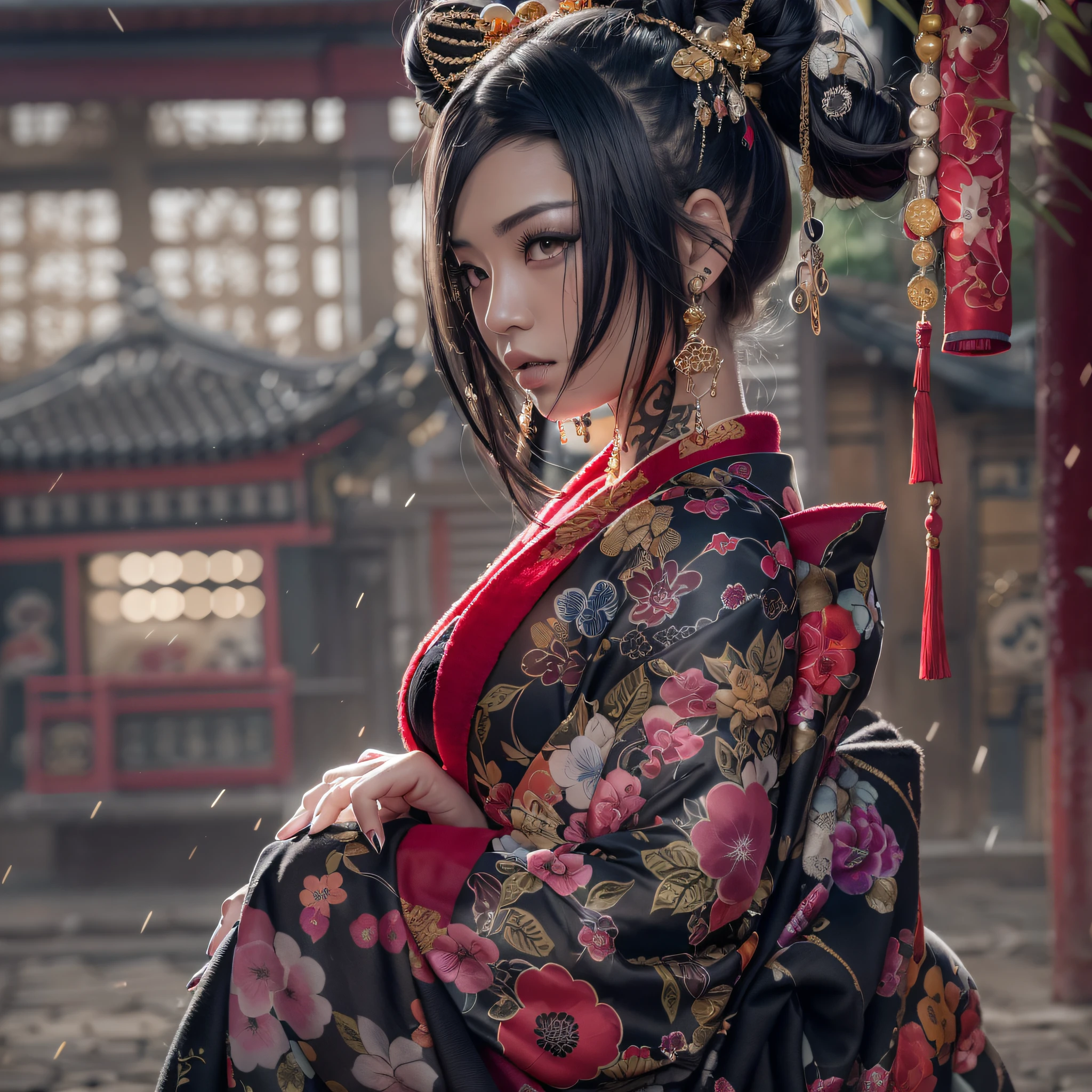 Masterpiece, high resolution,best quality,high definition, perfect composition, perfect face, perfect body, 8K,Cinematic lighting,Black kimono,Off-Shoulder,large breasts,navel,collarbones,(Full body tattoo),Tattoo Huanglong,(Hairstyle is Yokohyōgo),Numerous glittering cages,Image of Oiran,Yakuza Wife,glareing,Black Haired Woman,Lustrous hair,freak show,1人,Where you can see the skin, there is a tattoo,
