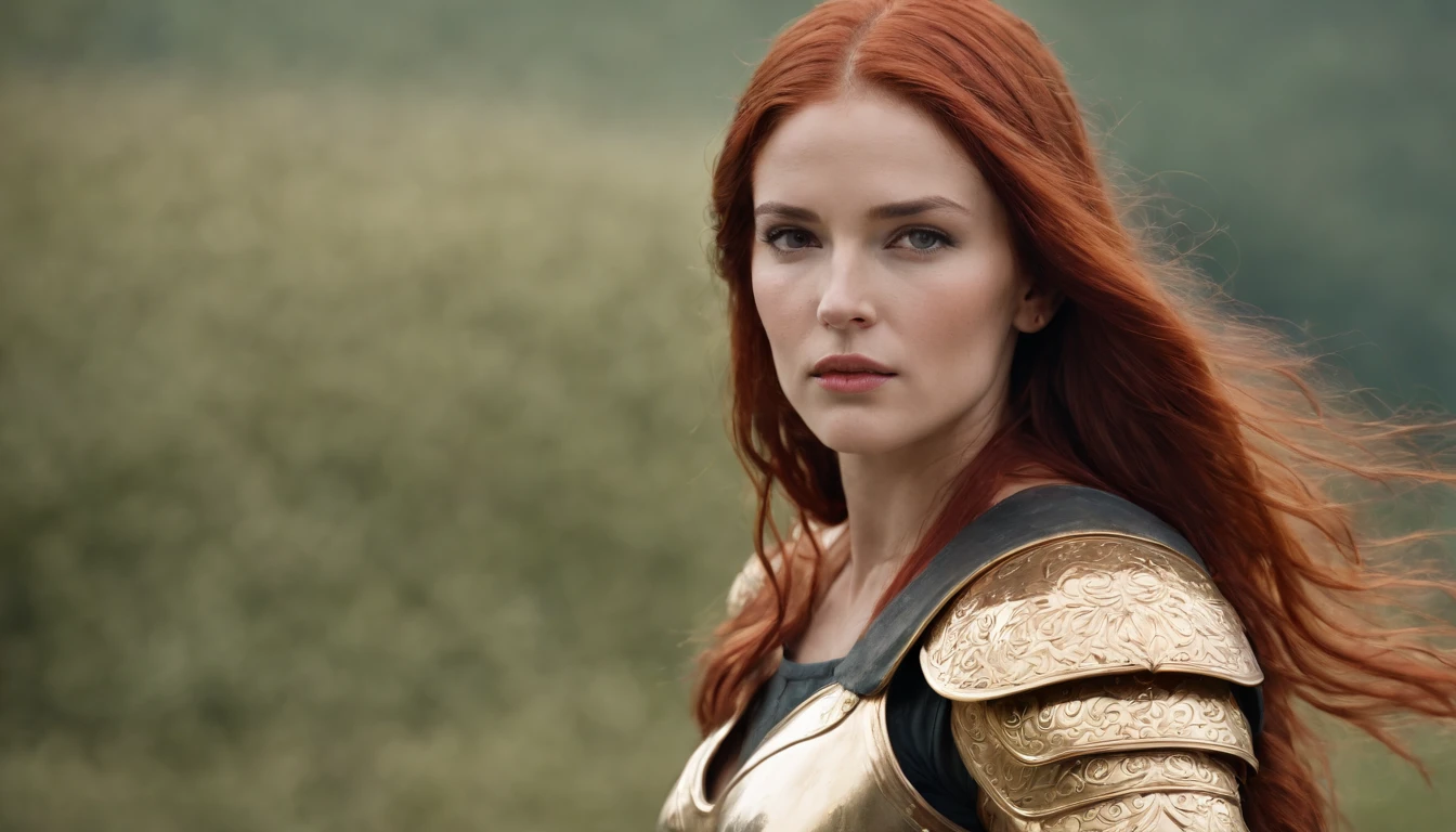 Stable Diffusion prompt: spartan woman, long red hair, golden armor, wielding a sword in the midst of a battlefield, [vibrant colors], [high quality, realistic:1.37], [detailed armor], [intense battle scene], [dramatic lighting], [epic portrait style]