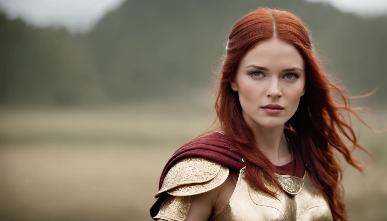 Stable Diffusion prompt: spartan woman, long red hair, golden armor, wielding a sword in the midst of a battlefield, [vibrant colors], [high quality, realistic:1.37], [detailed armor], [intense battle scene], [dramatic lighting], [epic portrait style]