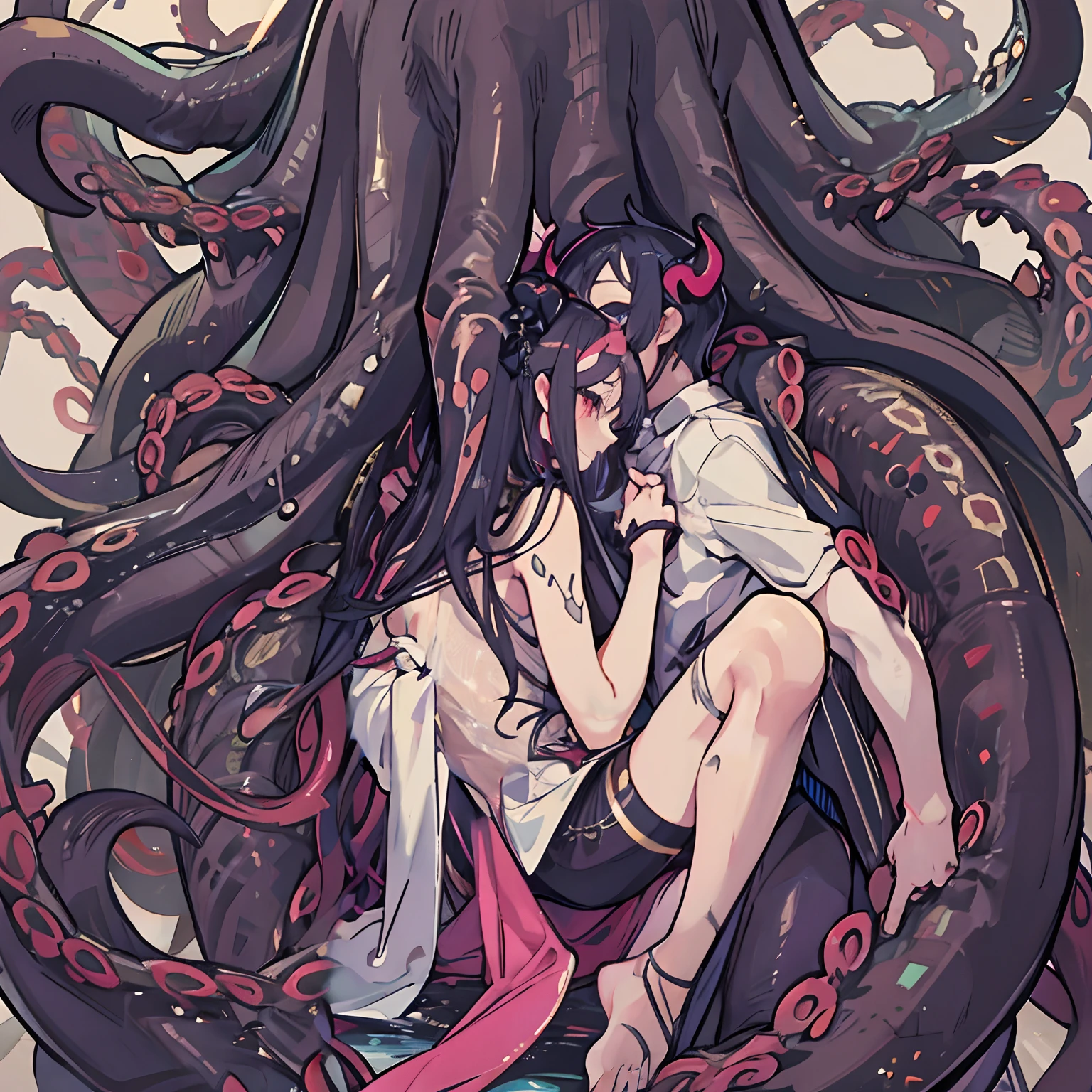 handsome male attacked by tentacles、lots tentacles,gay,nsfw、male body,cute penis,sadness, torn clothes,male anally fucked by a tentacle,blush