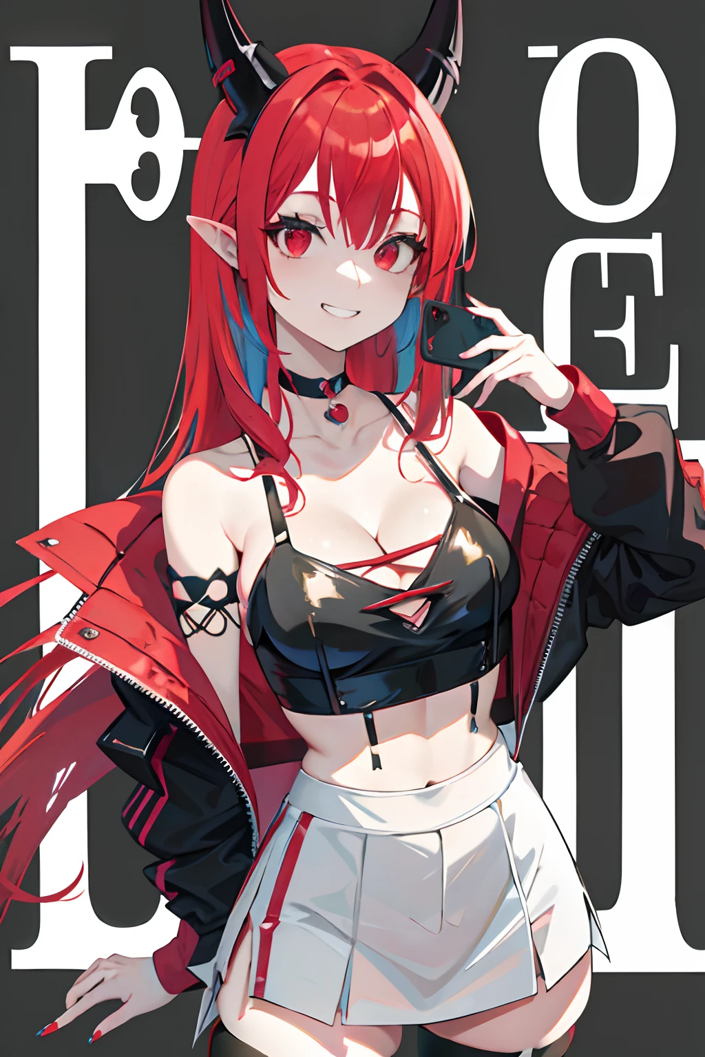 Anime girl in her 20's with pointy ears and horns taking a selfie for a magazine cover, blank jail mugshot background with room for the title of the magazine. Girl is wearing punk and goth clothing and has on a choker, her multicolored hair is medium length and has bangs, long eyelashes and red seductive eyes draw in the viewers attention, she's holding her phone to take the picture and the viewpoint is from the phone's camera. She's grinning at the viewer,