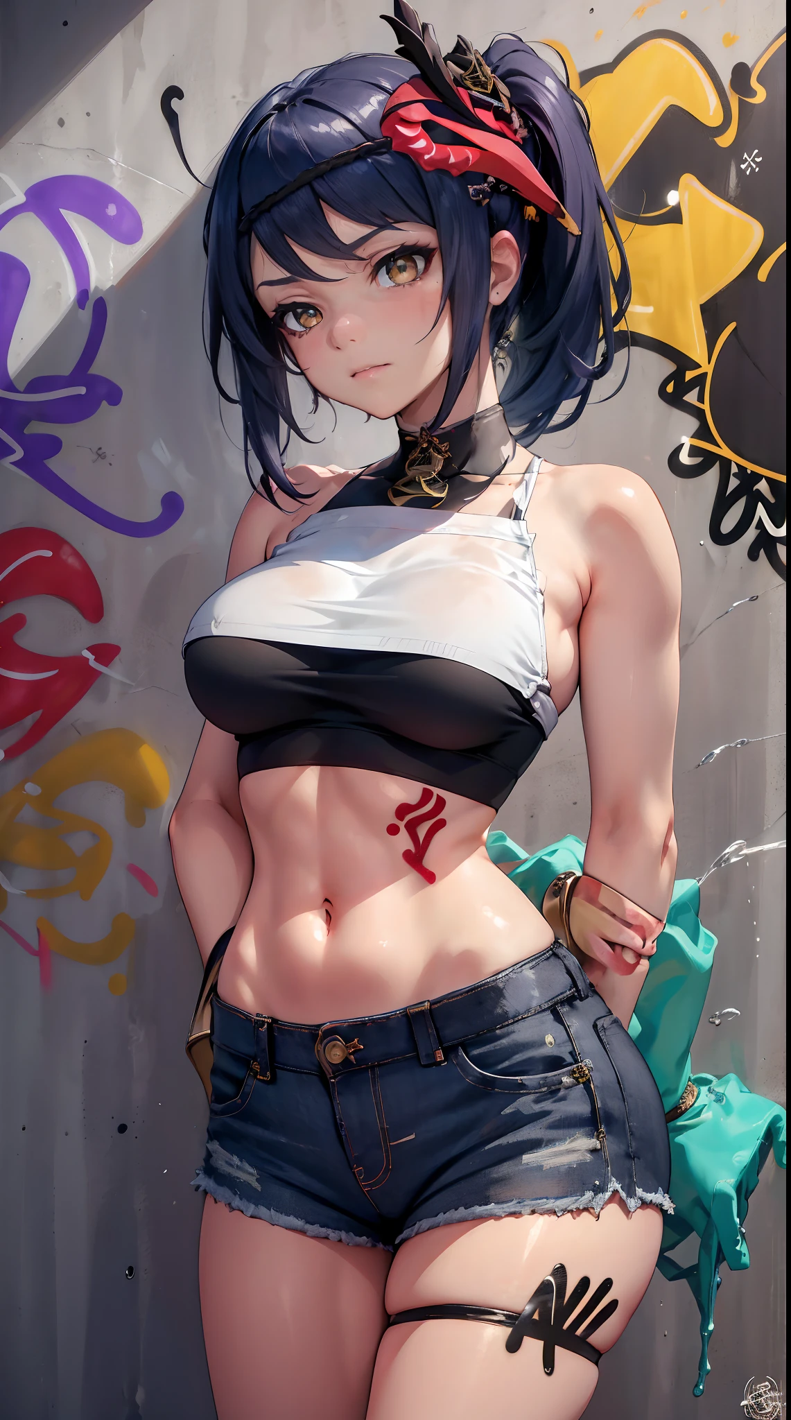Kujou Sara Genshin Effect, masterpiece, bestquality, 1girls, mediuml breasts,Ponytail, bara, crop top, shorts jeans, choker, (Graffiti:1.5), Splash with purple lightning pattern., arm behind back, against wall, looking at the audience, bracelet, Thigh strap, Head tilt, bored, Ponytail, water eyes,