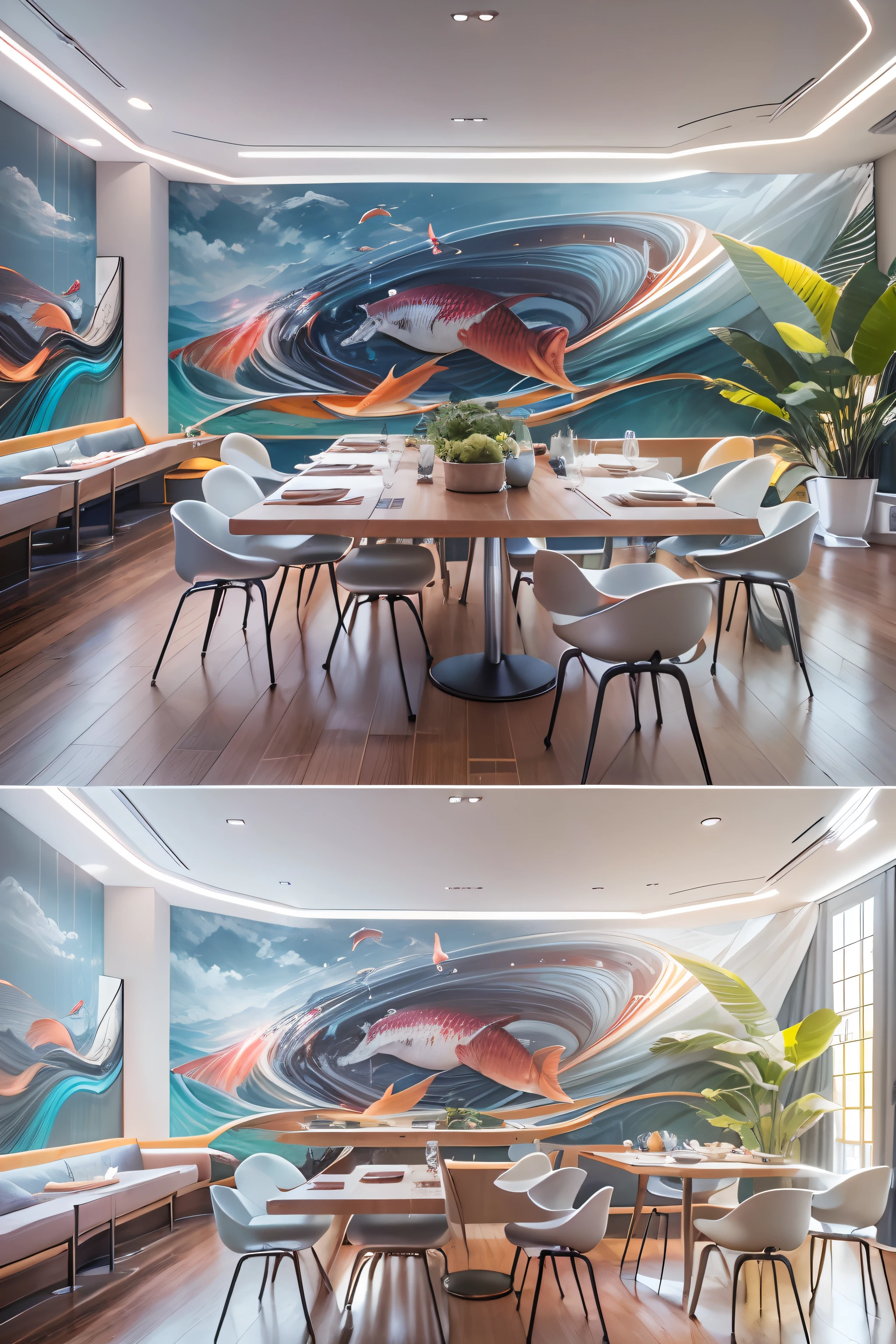 dining room,There is a wall in the middle of the restaurant,The painting on the wall is in the middle, Paintings on the walls, skyscape, Large airy windows, Zaha Hadid and Santiago Calatrava landscape panoramic style, Fish, Clear light, Edge lighting, Perfect image, Building summary style, 16k UE5. superfine, 8K, hdr, Product photography, Depth of field, Nikon D850, Ultra-realistic, no contrast, clean sharp focus, professional, No blurring