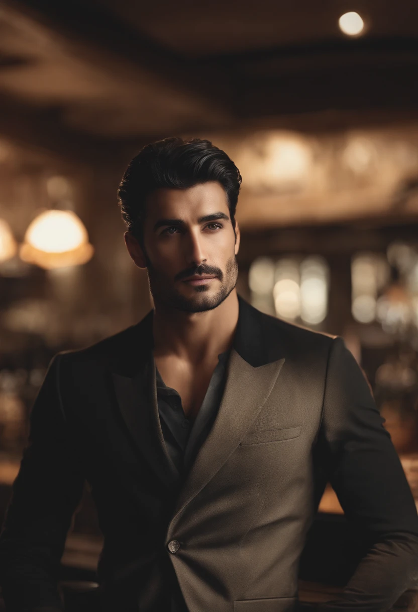 (front view) very detailed  photograph of a italian man, detailed coffee shop background, (with black hair), (dark eyes) (symmetric handsome face) nice and well defined nose, (well marked and angular jaw), proportioned and full lips, stunning realistic photography, realistic soft color, octane render, intricately detailed, sharp focus, stunning full color, shot on DSLR camera, 32k resolution, best quality, (focus on skin texture)