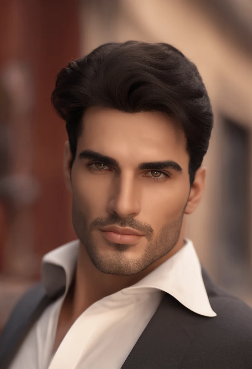 (front view) very detailed photograph of a italian man, detailed coffee shop background, (with black hair), (dark eyes) (symmetric handsome face) nice and well defined nose, (well marked and angular jaw), proportioned and full lips, stunning realistic photography, realistic soft color, octane render, intricately detailed, sharp focus, stunning full color, shot on DSLR camera, 32k resolution, best quality, (focus on skin texture)