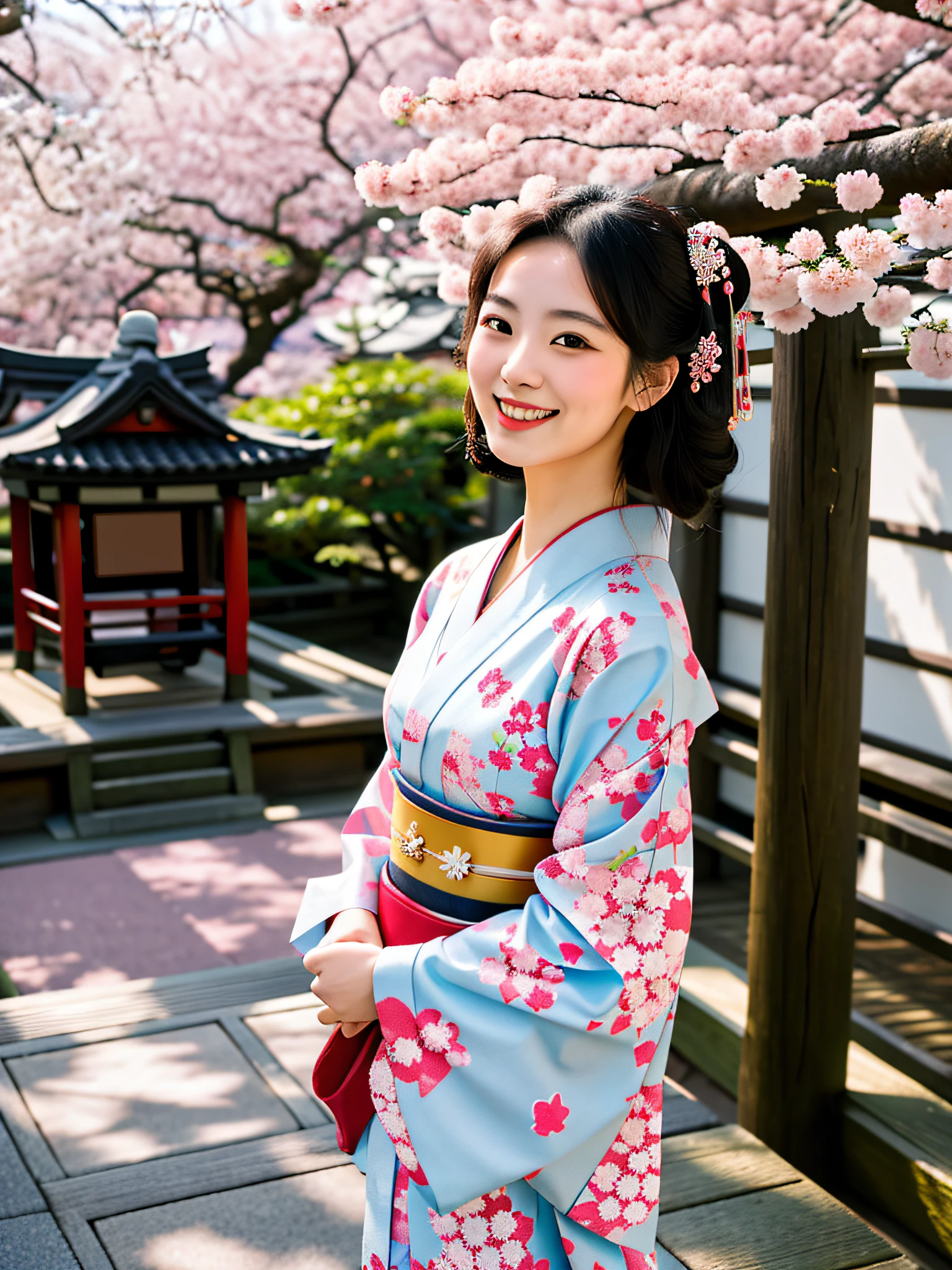 RAW photo, a portrait photo of a 20 y.o. beautiful smiling geisha in a japanese temple with cherry blossom trees, kimono with intricate design, (high detailed skin:0.8), 8k uhd, dslr, soft lighting, HDR, warm light, high quality, film grain, Fujifilm XT3