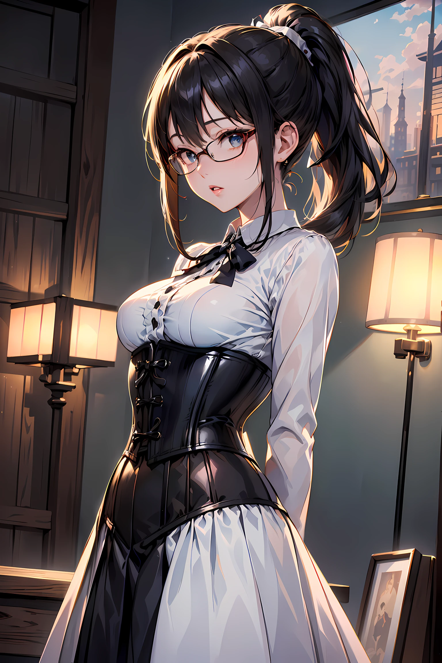 (1glasses girl:1.3, solo), (Audrey Hepburn:1.3), (a extremely pretty and beautiful Japanese woman), (sexy girl), (professional attire:1.3), (22 years old: 1.1), (from below:1.3), (low angle:1.3), (ground level shot:1.3), (girl on top:1.3), (arms behind back between legs:1.3), (attractive random posing:1.3), (in the queen's room:1.3), (look down:1.3), (starring at you:1.3), (front view:1.3), break, (ponytail:1.3), (shiny-black thin hair:1.2), bangs, dark brown eyes, beautiful eyes, princess eyes, (big eyes:1.3), bangs, wearing a glasses:1.3, Hair between eyes, short hair:1.3, (slender:1.1), (small-medium-breasts:0.95), (thin waist: 1.15), (detailed beautiful girl: 1.4), Parted lips, Red lips, full-make-up face, (shiny skin), ((Perfect Female Body)), (upper body image:1.3), Perfect Anatomy, Perfect Proportions, (most beautiful Korean actress face:1.3, extremely cute and beautiful Japanese actress face:1.3), BREAK, (View viewer, wearing a embroidery frills sexy teacher uniform, (insanely detailed classical gothic teacher outfit:1.3), (white collared blouse:1.3, long-sleeve:1.3), (corset:1.3), (black high-waist-jumper-skirt:1.3), (lace frill skirt), detailed clothes, BREAK, (detailed classy queen's room background:1.2), (dark background), (Studio soft lighting: 1.3), (fake lights: 1.3), (backlight: 1.3), BREAK, (Realistic, Photorealistic: 1.37), (Masterpiece, Best Quality: 1.2), (Ultra High Resolution: 1.2), (RAW Photo: 1.2), (Sharp Focus: 1.3), (Face Focus: 1.2), (Ultra Detailed CG Unified 8k Wallpaper: 1.2), (Beautiful Skin: 1.2), (pale Skin: 1.3), (Hyper Sharp Focus: 1.5), (Ultra Sharp Focus: 1.5), (Beautiful pretty face: 1.3), (super detailed background, detail background: 1.3), Ultra Realistic Photo, Hyper Sharp Image, Hyper Detail Image,