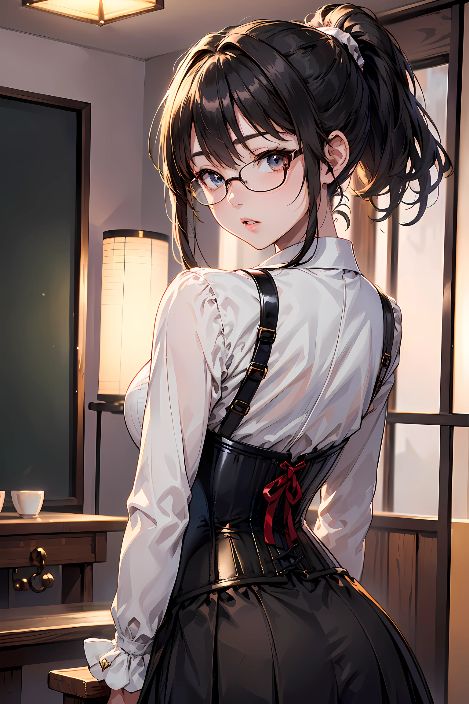 (1glasses girl:1.3, solo), (Audrey Hepburn:1.3), (a extremely pretty and beautiful Japanese woman), (sexy girl), (professional attire:1.3), (22 years old: 1.1), (from below:1.3), (low angle:1.3), (ground level shot:1.3), (girl on top:1.3), (arms behind back between legs:1.3), (attractive random posing:1.3), (in the queen's room:1.3), (look down:1.3), (starring at you:1.3), (front view:1.3), break, (ponytail:1.3), (shiny-black thin hair:1.2), bangs, dark brown eyes, beautiful eyes, princess eyes, (big eyes:1.3), bangs, wearing a glasses:1.3, Hair between eyes, short hair:1.3, (slender:1.1), (small-medium-breasts:0.95), (thin waist: 1.15), (detailed beautiful girl: 1.4), Parted lips, Red lips, full-make-up face, (shiny skin), ((Perfect Female Body)), (upper body image:1.3), Perfect Anatomy, Perfect Proportions, (most beautiful Korean actress face:1.3, extremely cute and beautiful Japanese actress face:1.3), BREAK, (View viewer, wearing a embroidery frills sexy teacher uniform, (insanely detailed classical gothic teacher outfit:1.3), (white collared blouse:1.3, long-sleeve:1.3), (corset:1.3), (black high-waist-jumper-skirt:1.3), (lace frill skirt), detailed clothes, BREAK, (detailed classy queen's room background:1.2), (dark background), (Studio soft lighting: 1.3), (fake lights: 1.3), (backlight: 1.3), BREAK, (Realistic, Photorealistic: 1.37), (Masterpiece, Best Quality: 1.2), (Ultra High Resolution: 1.2), (RAW Photo: 1.2), (Sharp Focus: 1.3), (Face Focus: 1.2), (Ultra Detailed CG Unified 8k Wallpaper: 1.2), (Beautiful Skin: 1.2), (pale Skin: 1.3), (Hyper Sharp Focus: 1.5), (Ultra Sharp Focus: 1.5), (Beautiful pretty face: 1.3), (super detailed background, detail background: 1.3), Ultra Realistic Photo, Hyper Sharp Image, Hyper Detail Image,