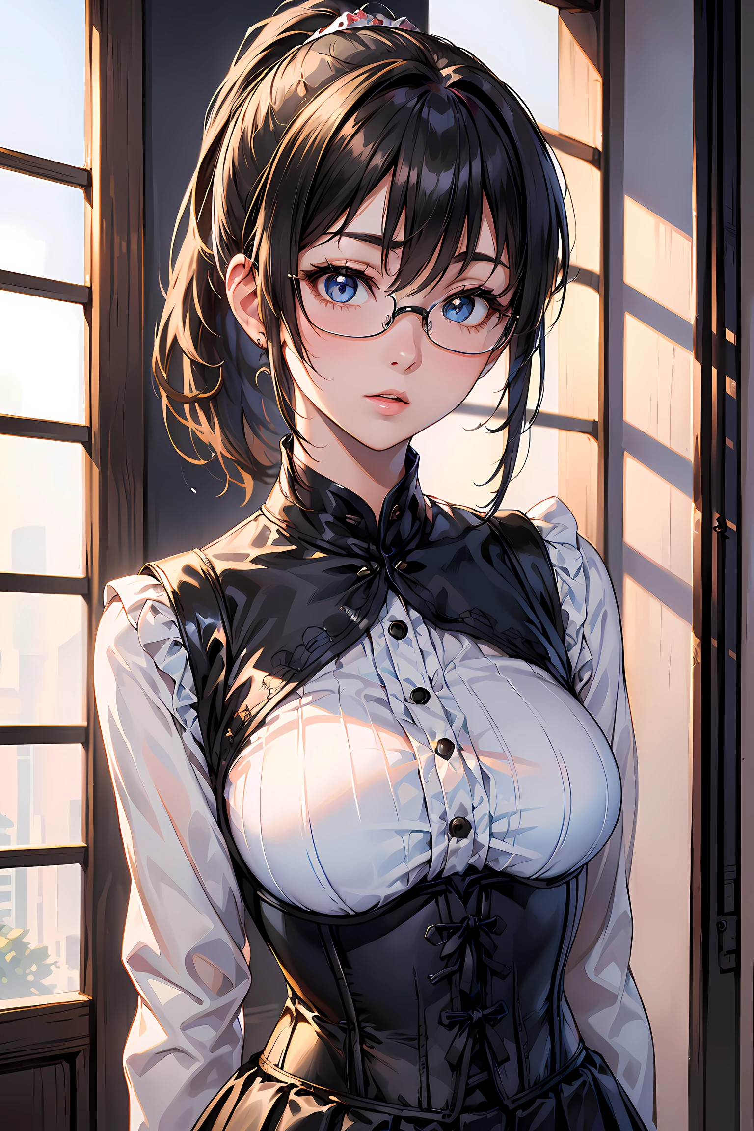 (1glasses girl:1.3, solo), (Audrey Hepburn:1.3), (a extremely pretty and beautiful Japanese woman), (sexy girl), (professional attire:1.3), (22 years old: 1.1), (from below:1.3), (low angle:1.3), (ground level shot:1.3), (girl on top:1.3), (arms behind back between legs:1.3), (attractive random posing:1.3), (in the queen's room:1.3), (look down:1.3), (starring at you:1.3), (front view:1.3), break, (ponytail:1.3), (shiny-black thin hair:1.2), bangs, dark brown eyes, beautiful eyes, princess eyes, (big eyes:1.3), bangs, wearing a glasses:1.3, Hair between eyes, short hair:1.3, (slender:1.1), (small-medium-breasts:0.95), (thin waist: 1.15), (detailed beautiful girl: 1.4), Parted lips, Red lips, full-make-up face, (shiny skin), ((Perfect Female Body)), (upper body image:1.3), Perfect Anatomy, Perfect Proportions, (most beautiful Korean actress face:1.3, extremely cute and beautiful Japanese actress face:1.3), BREAK, (View viewer, wearing a embroidery frills sexy teacher uniform, (insanely detailed classical gothic teacher outfit:1.3), (white collared blouse:1.3, long-sleeve:1.3), (corset:1.3), (black high-waist-jumper-skirt:1.3), (lace frill skirt), detailed clothes, BREAK, (detailed classy queen's room background:1.2), (dark background), (Studio soft lighting: 1.3), (fake lights: 1.3), (backlight: 1.3), BREAK, (Realistic, Photorealistic: 1.37), (Masterpiece, Best Quality: 1.2), (Ultra High Resolution: 1.2), (RAW Photo: 1.2), (Sharp Focus: 1.3), (Face Focus: 1.2), (Ultra Detailed CG Unified 8k Wallpaper: 1.2), (Beautiful Skin: 1.2), (pale Skin: 1.3), (Hyper Sharp Focus: 1.5), (Ultra Sharp Focus: 1.5), (Beautiful pretty face: 1.3), (super detailed background, detail background: 1.3), Ultra Realistic Photo, Hyper Sharp Image, Hyper Detail Image,