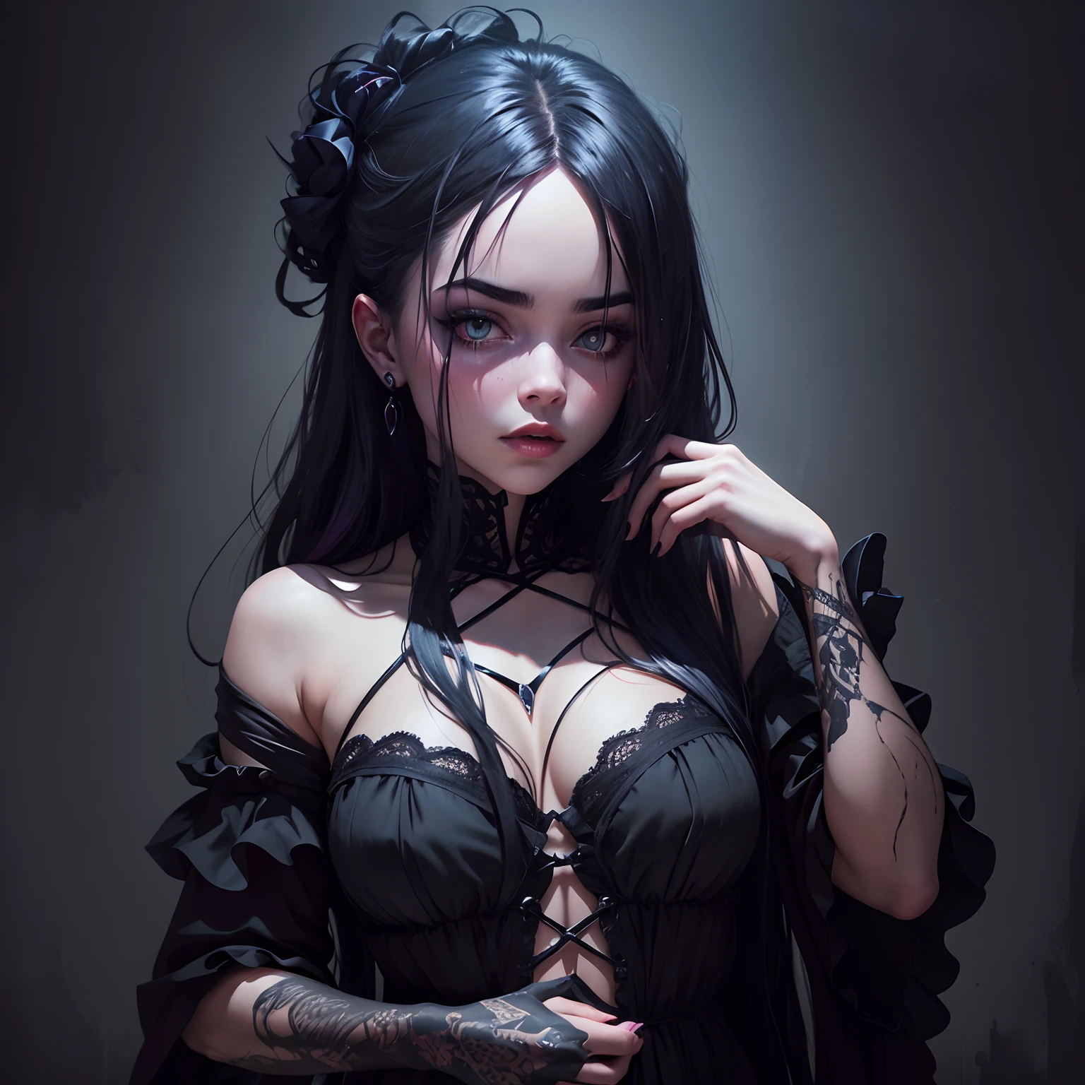 In a hauntingly dark display, an alluring and enigmatic figure emerges from shadows, clad in flowing midnight attire. Sinister hues and seductive curves blend with striking juxtapositions and expressive brushstrokes, capturing the essence of Billie Eilish's captivating allure.