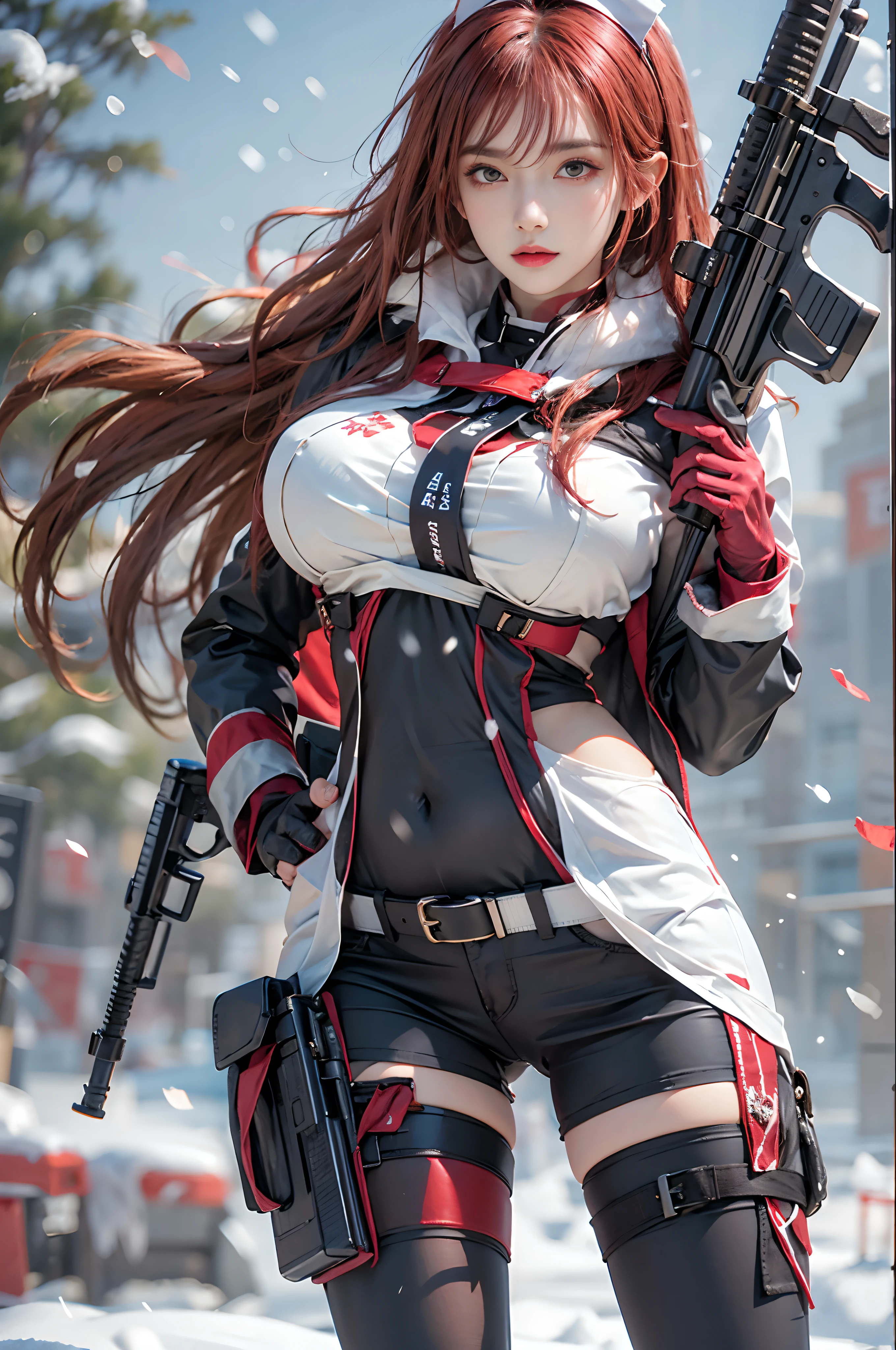 Photorealistic, high resolution, Beautiful tall woman, Solo, Hips up, view the viewer, (Detailed face),red tinted hair, Long hair, Young lady nun costume, Stockings,Snow background, Girl aiming AK-47 assault rifle