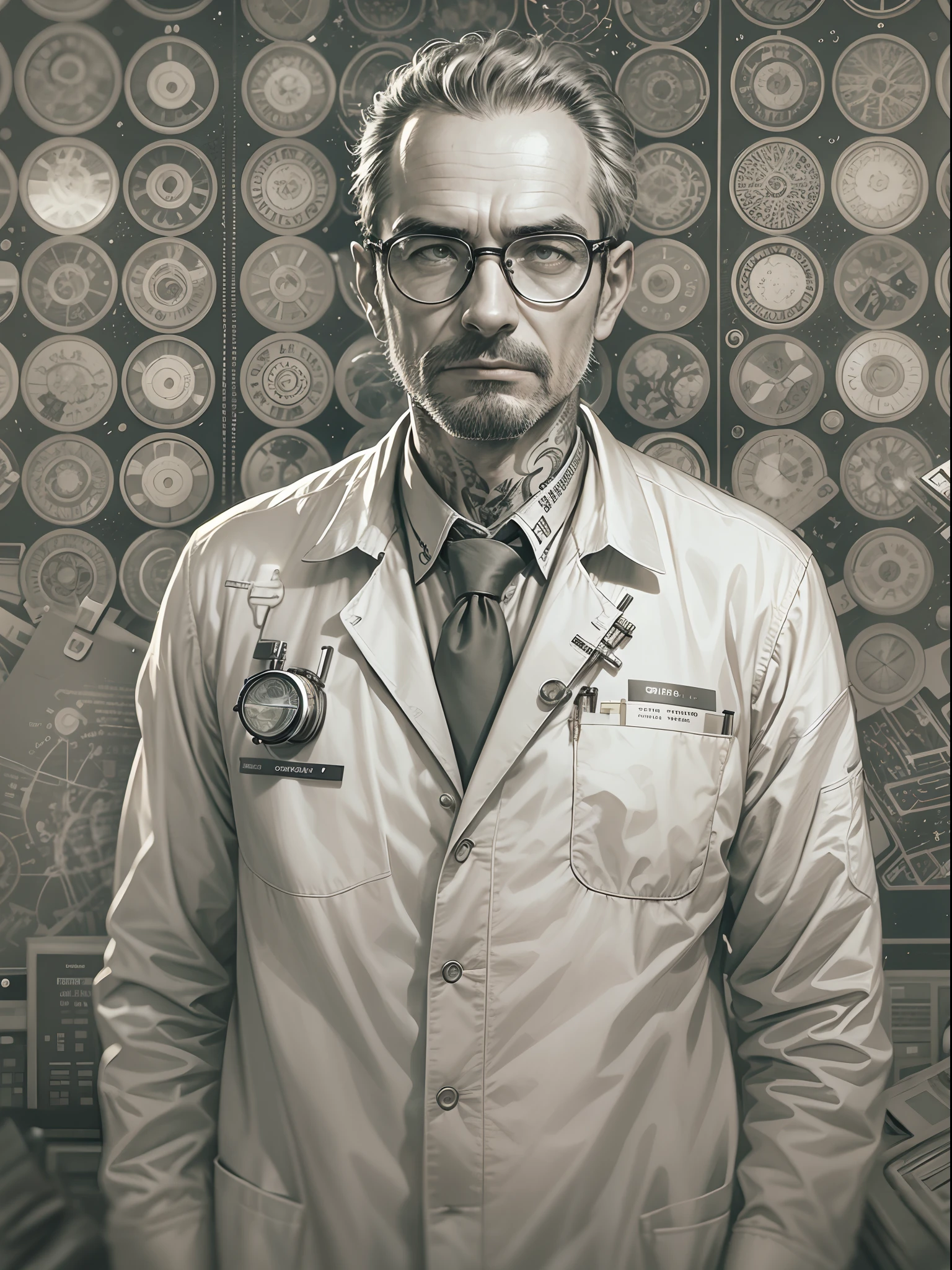 absurd resolution, high resolution, reflection, refraction:1.4 ultra-detailed:1.0 (illustration, line drawing), masterpiece, scientist with glasses, full-length, man (European, Arab, dark-skinned), ugly, middle-aged, 40 years old, work suit (polyester, synthetics), tattoos on the head, scientific uniform, scientist, scientific, biologist, technologist
