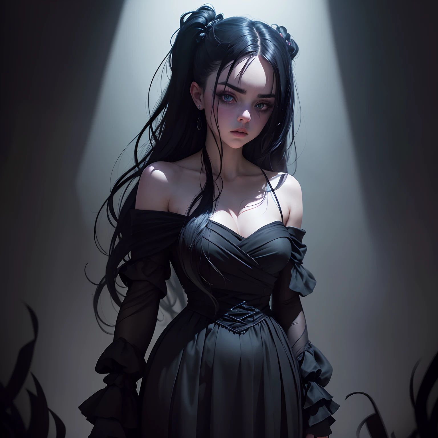 In a hauntingly dark display, an alluring and enigmatic figure emerges from shadows, clad in flowing midnight attire. Sinister hues and seductive curves blend with striking juxtapositions and expressive brushstrokes, capturing the essence of Billie Eilish's captivating allure.